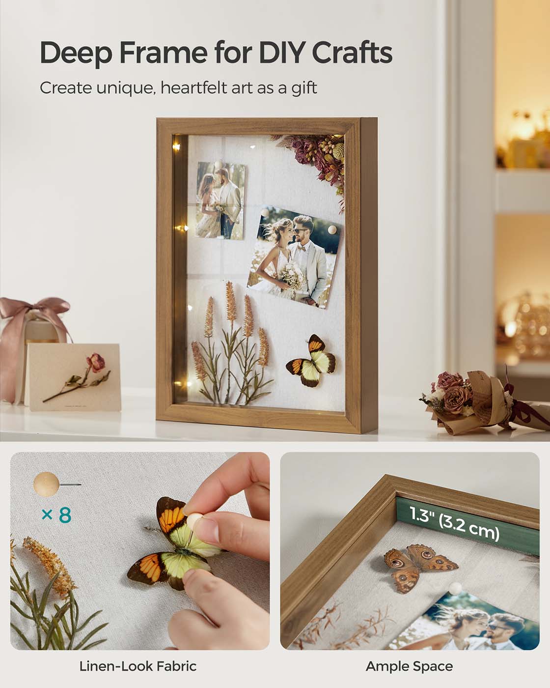 A4 Collage Picture Frame - Wood - Black - Includes 6 Mats and Shadow Box with Push Pins