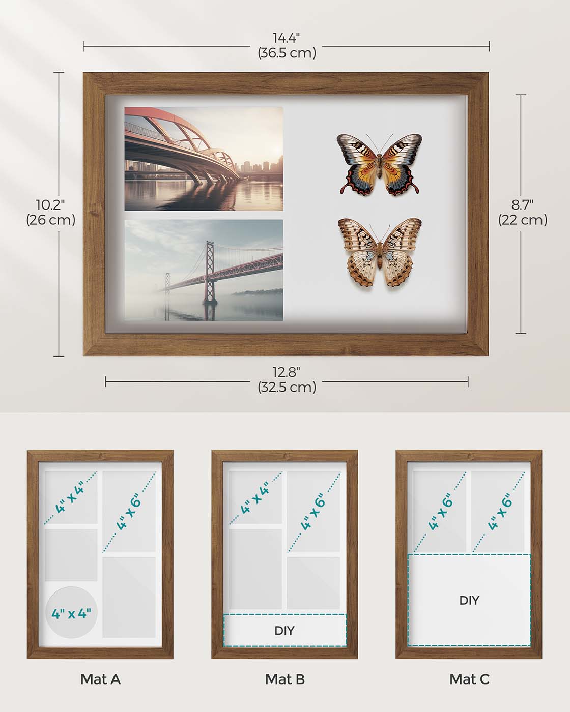 A4 Collage Picture Frame - Wood - Black - Includes 6 Mats and Shadow Box with Push Pins