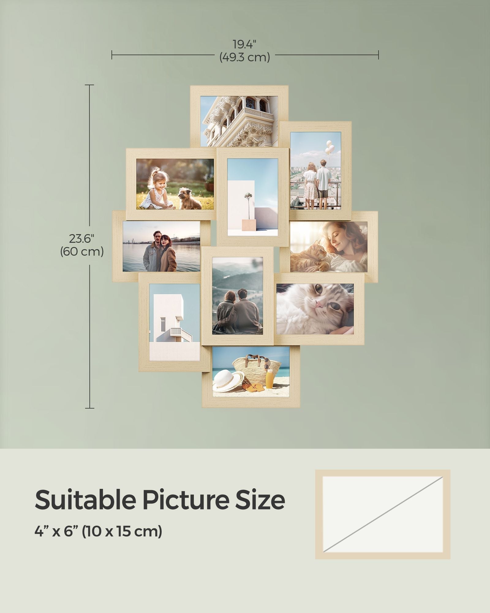 Photo Frame Collage - MDF - Natural Beige - Wall Mounted for 10 Photos (4x6)