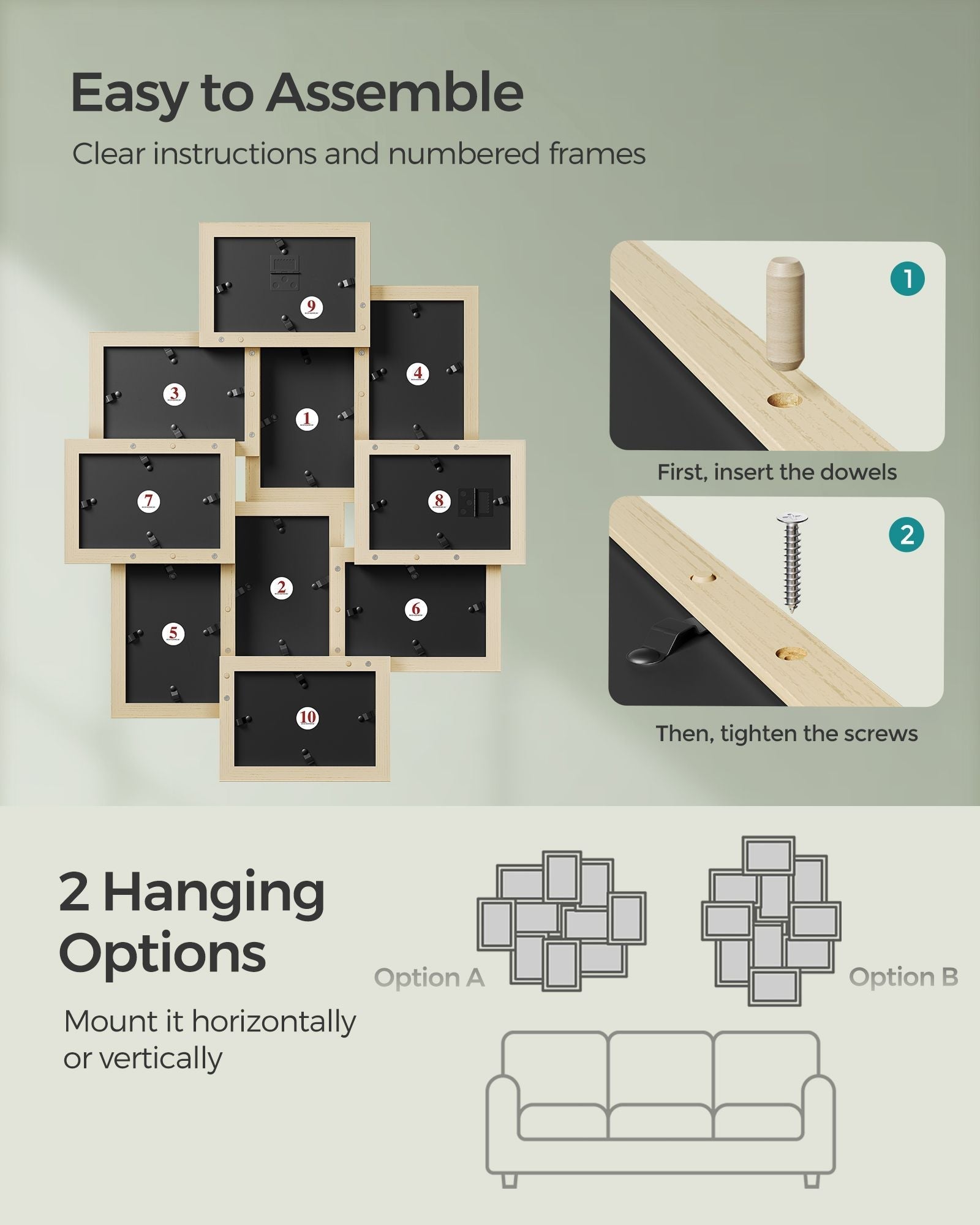 Photo Frame Collage - MDF - Natural Beige - Wall Mounted for 10 Photos (4x6)