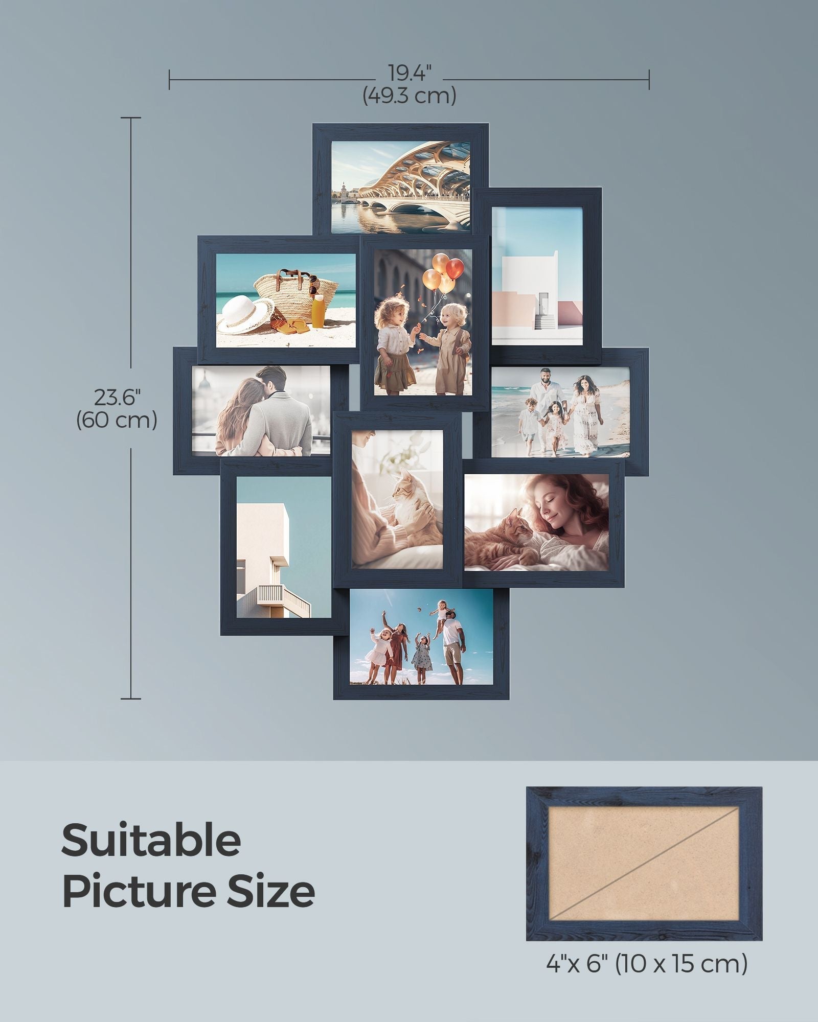 Photo Frame Collage - MDF - Navy Blue - 10-Window Gallery for 4x6 Photos