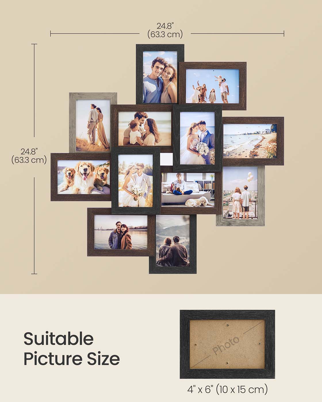 Picture Frame Collage - Holds 12 Photos - Clear Glass - Black