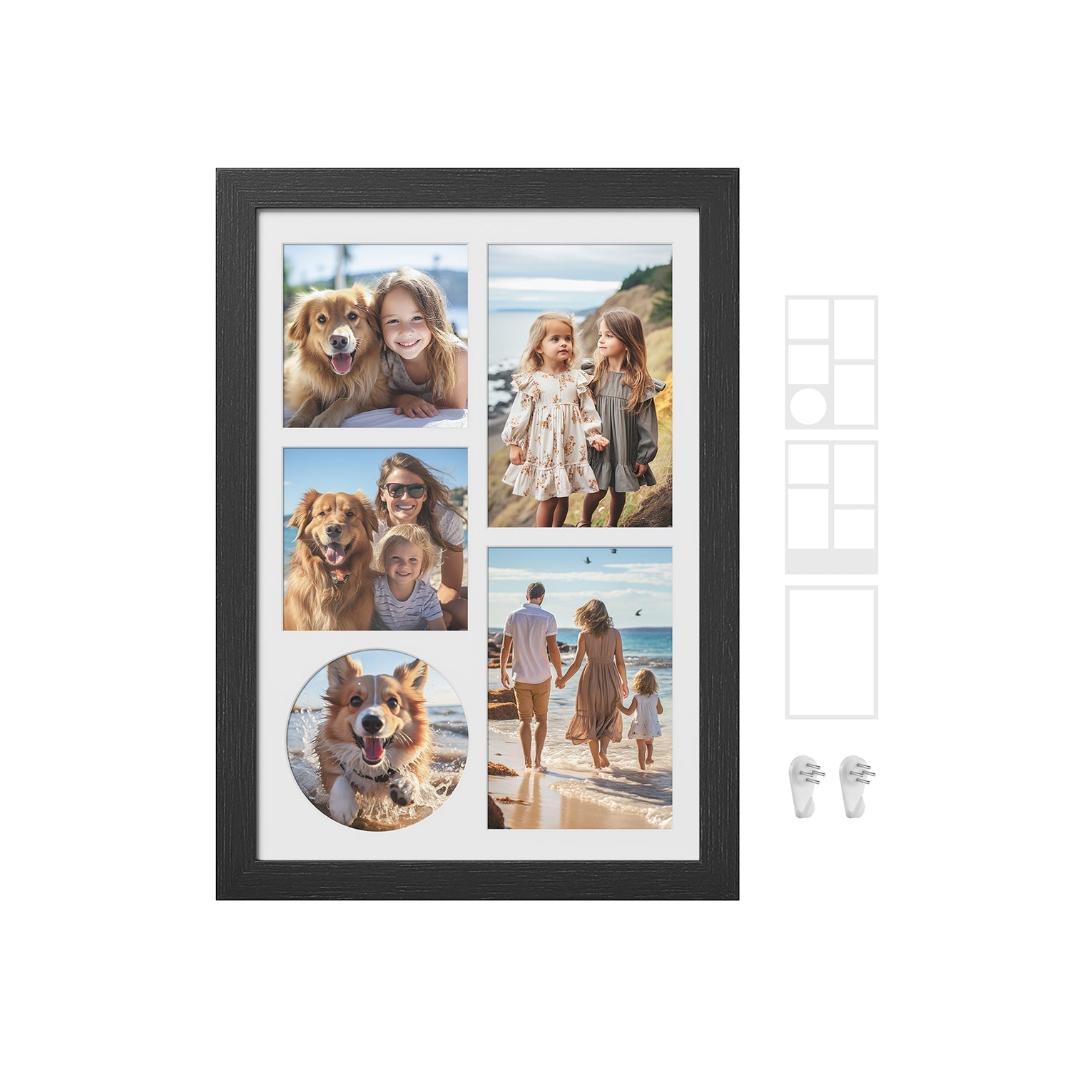 A4 Multi Photo Frame - Wood - Ash Black - Includes 3 Mats and Non-Trace Nails