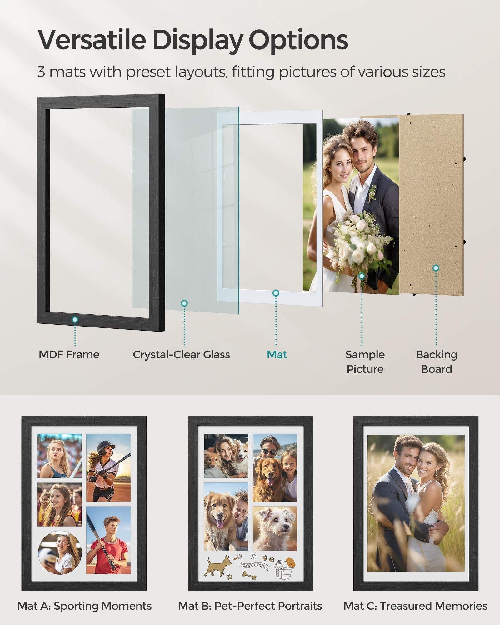 A4 Multi Photo Frame - Wood - Ash Black - Includes 3 Mats and Non-Trace Nails