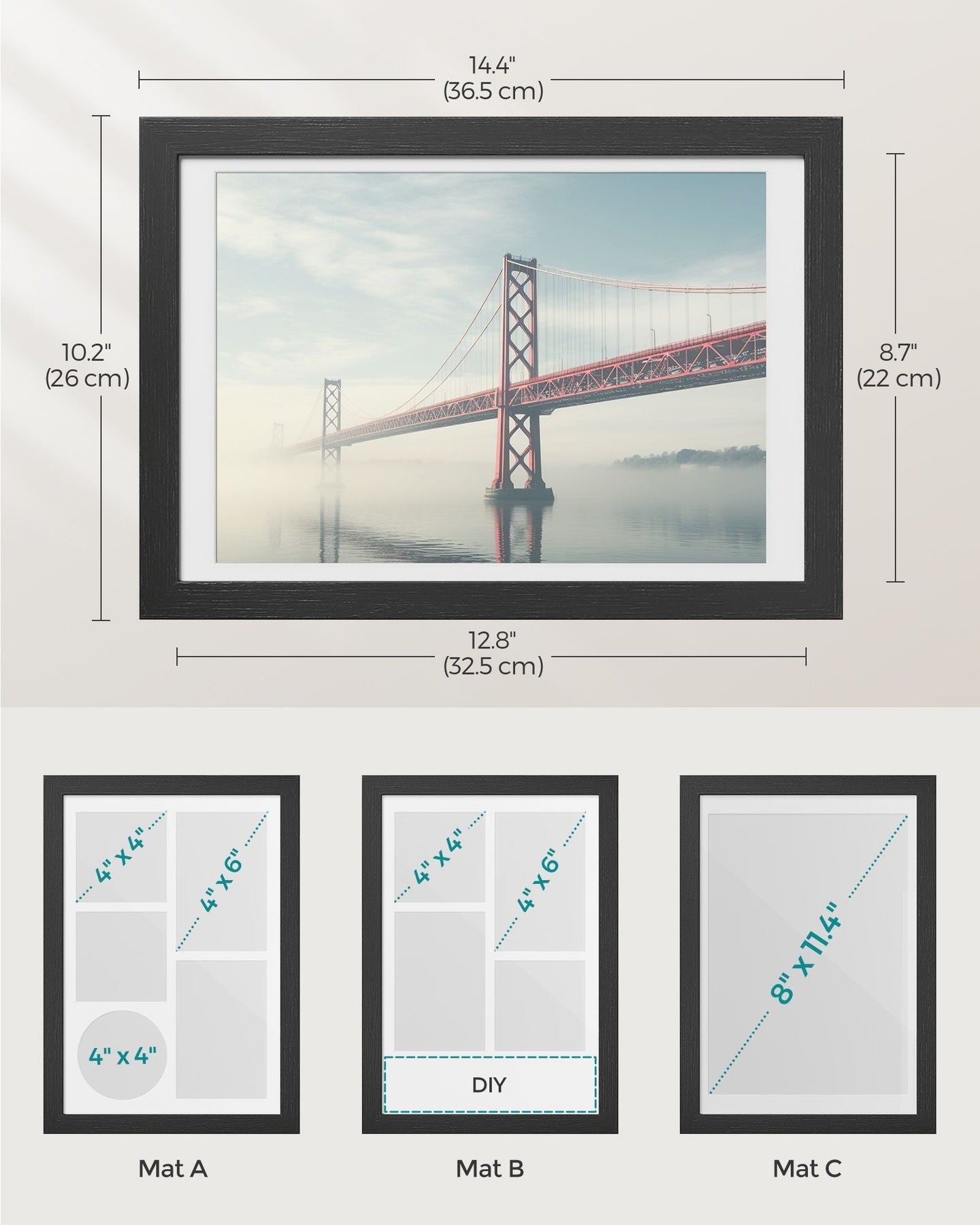 A4 Multi Photo Frame - Wood - Ash Black - Includes 3 Mats and Non-Trace Nails