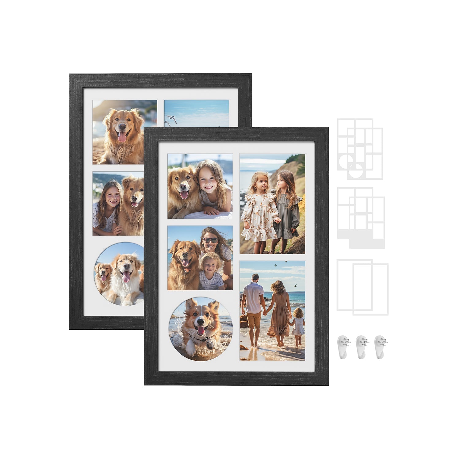 Set of 2 Collage Photo Frames - Wood - Ash Black - Includes 3 Mats for Multiple Photo Sizes