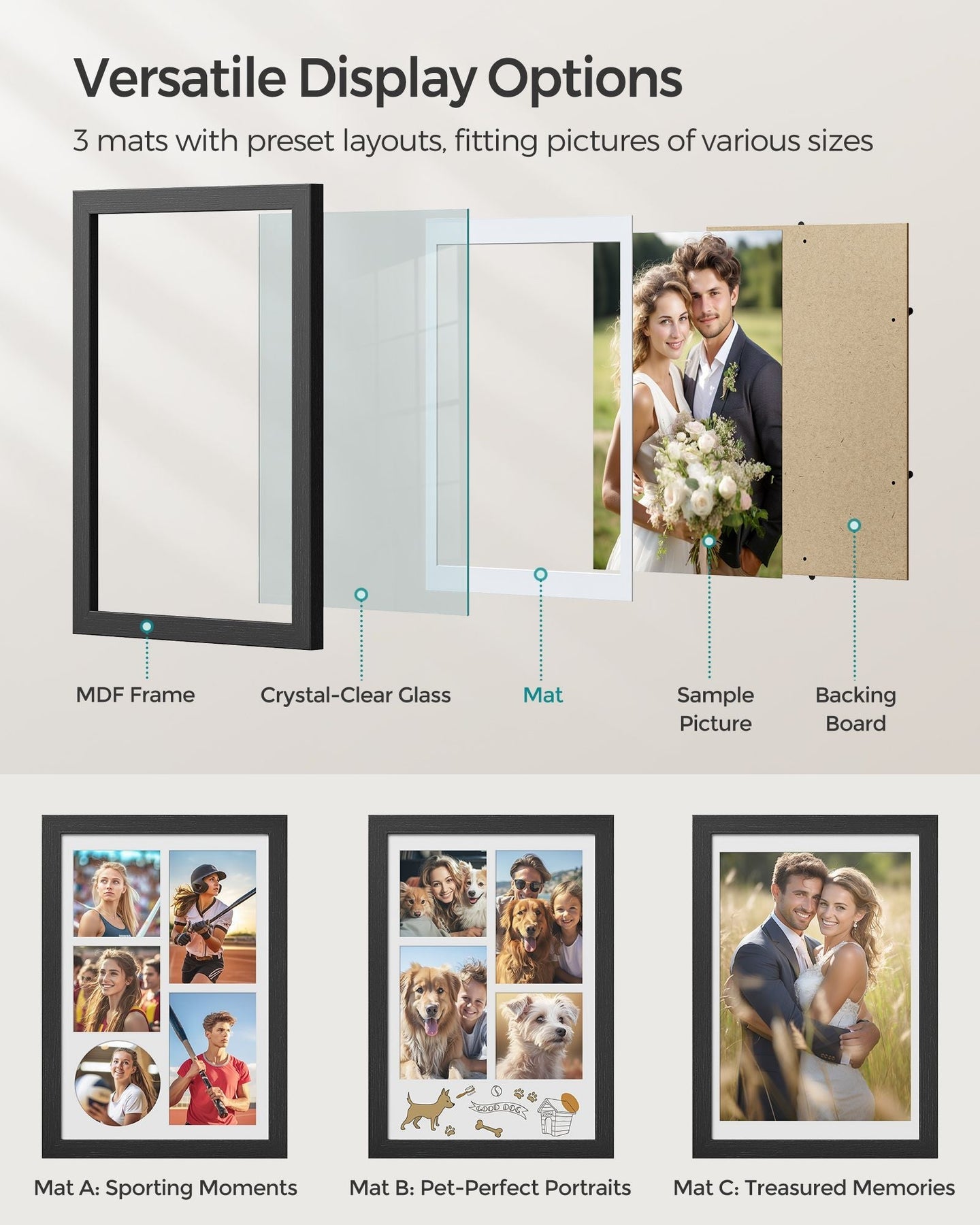 Set of 2 Collage Photo Frames - Wood - Ash Black - Includes 3 Mats for Multiple Photo Sizes