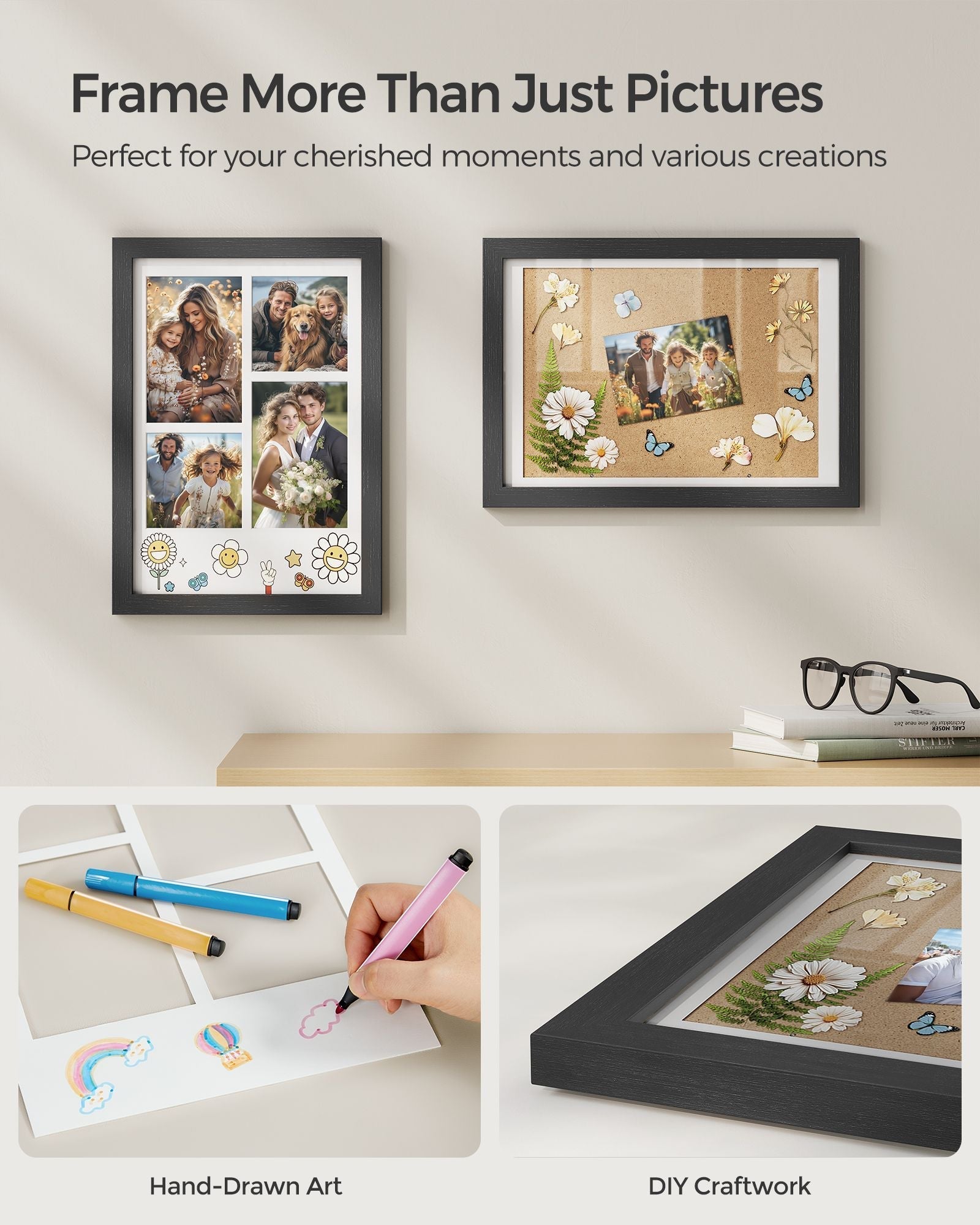 Set of 2 Collage Photo Frames - Wood - Ash Black - Includes 3 Mats for Multiple Photo Sizes