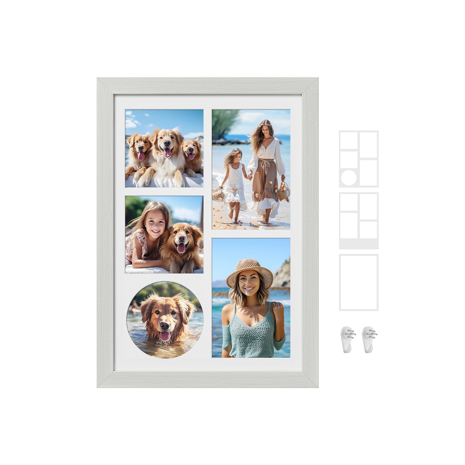 A4 Picture Frame - Wood - Rustic White - Multi Photo Collage with 3 Mats