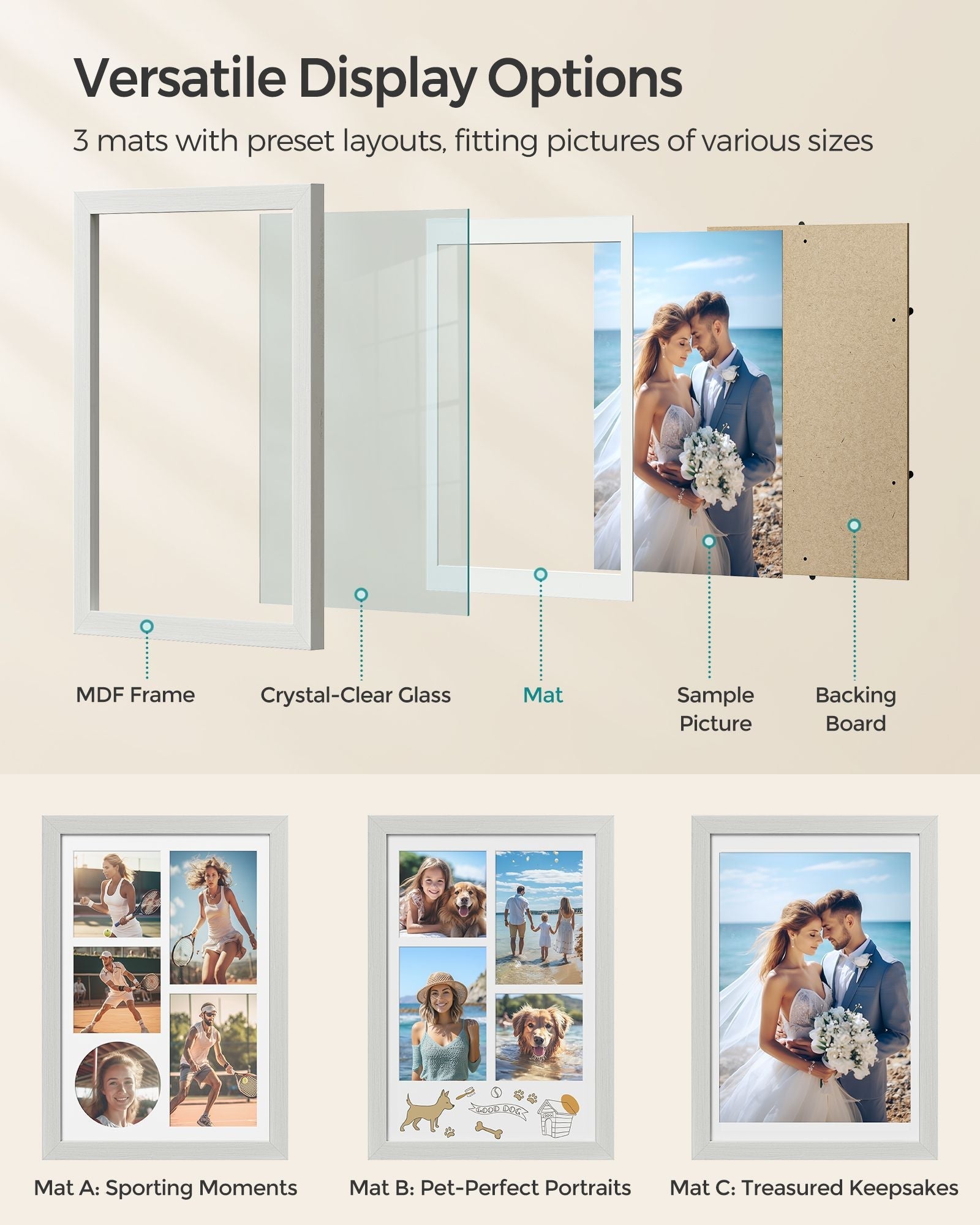 A4 Picture Frame - Wood - Rustic White - Multi Photo Collage with 3 Mats