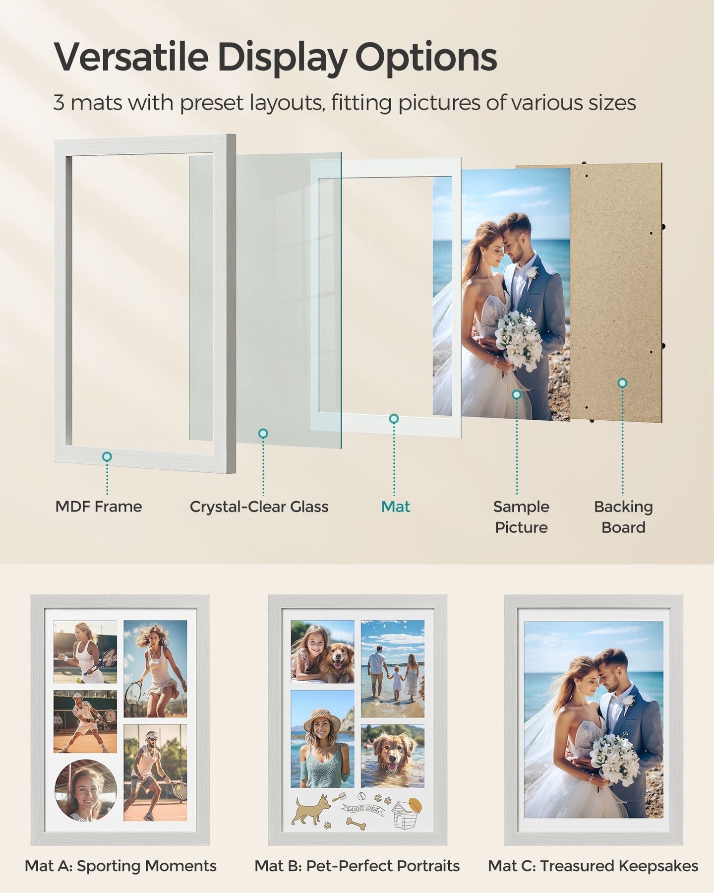 A4 Picture Frame - Wood - Rustic White - Multi Photo Collage with 3 Mats