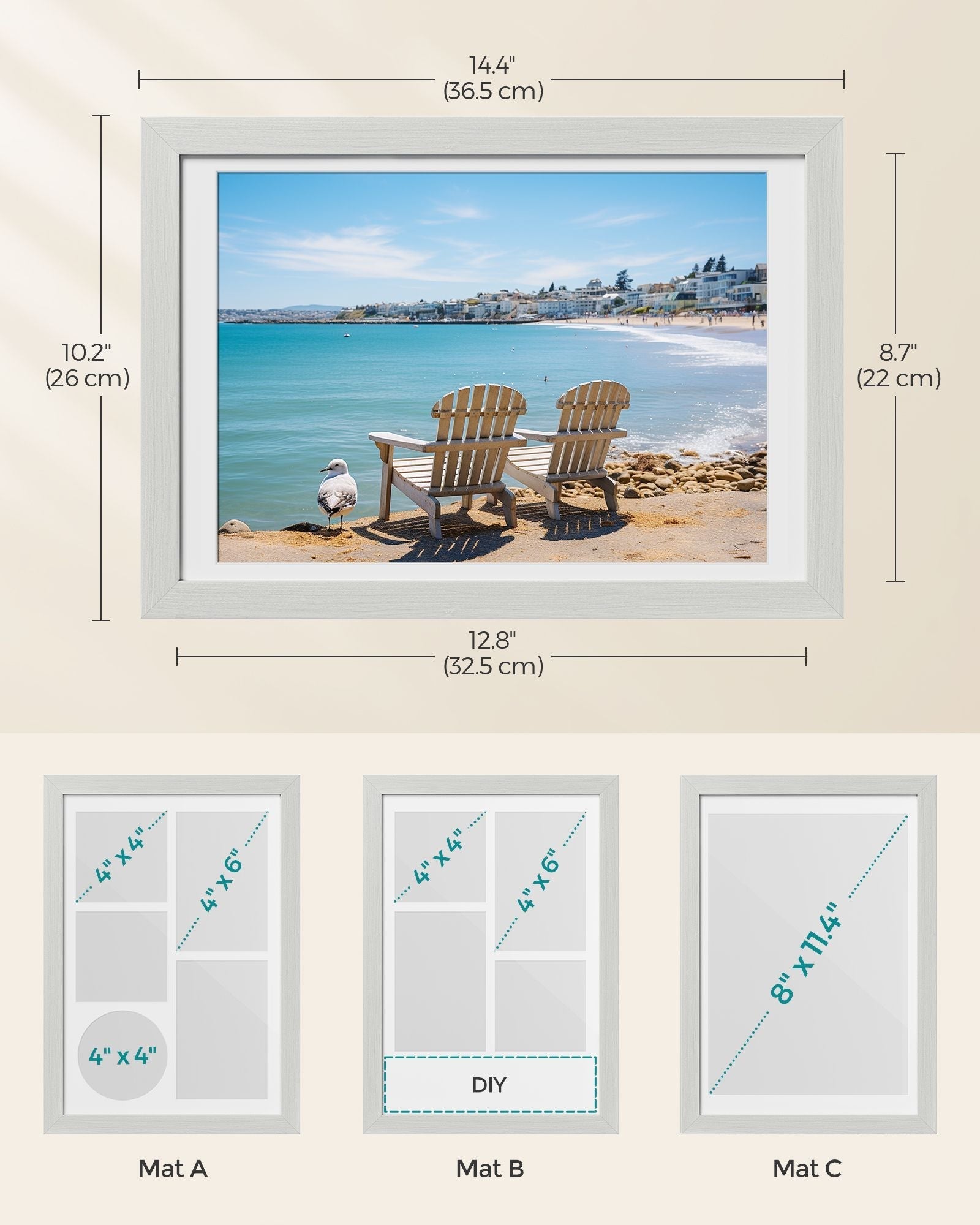 A4 Picture Frame - Wood - Rustic White - Multi Photo Collage with 3 Mats