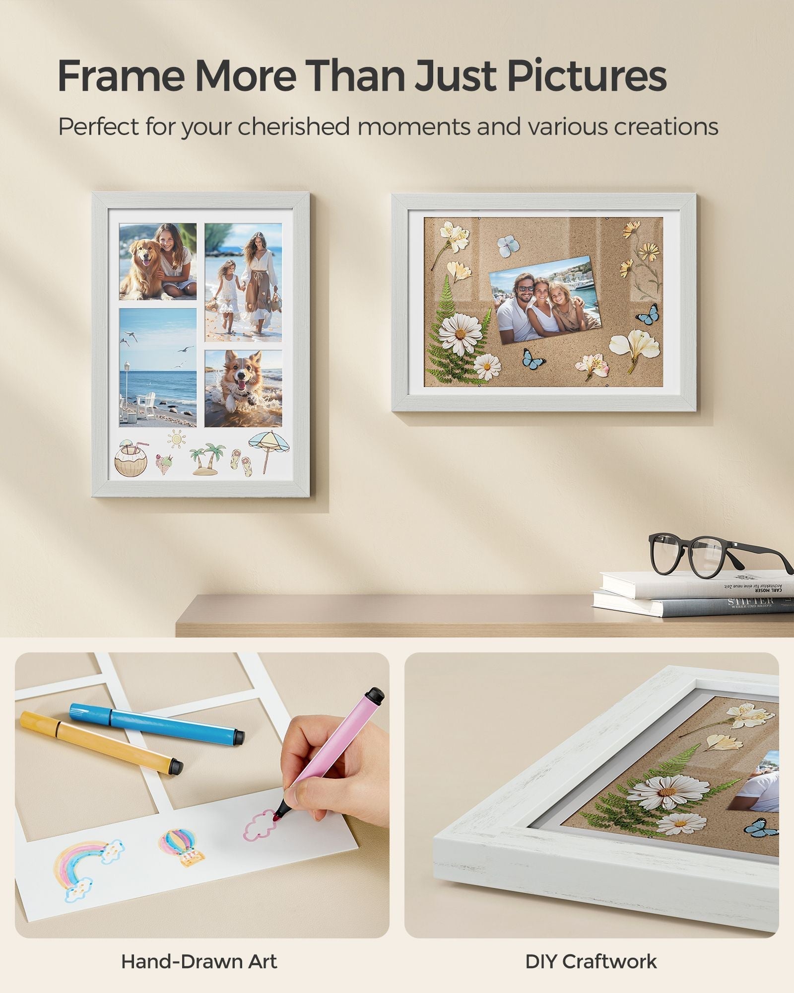 Set of 2 Rustic White Photo Frames - Wood - Adjustable for A4