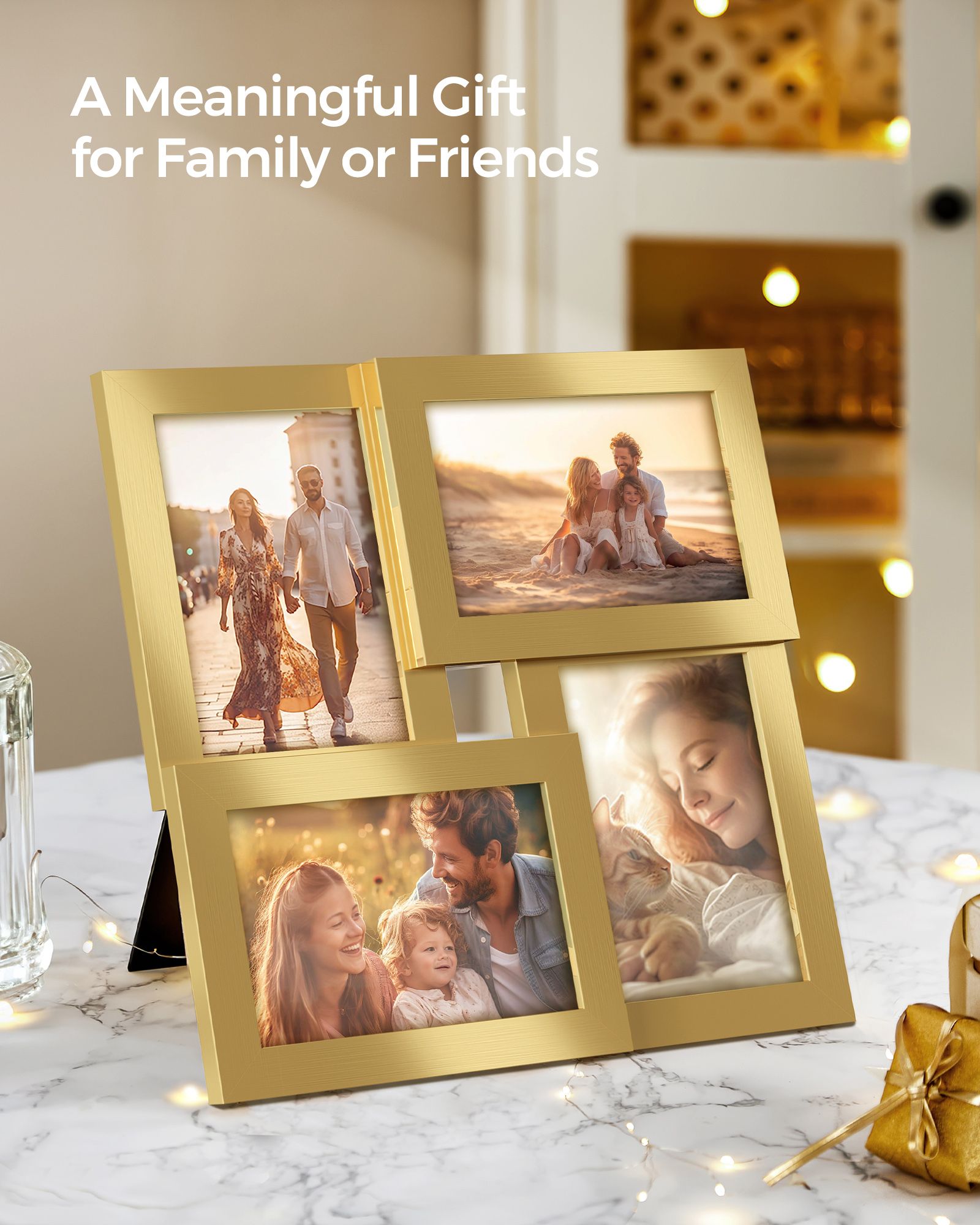 Photo Frame Collage - Wood - Pale Gold - 4-Window Design for 4x6 Photos
