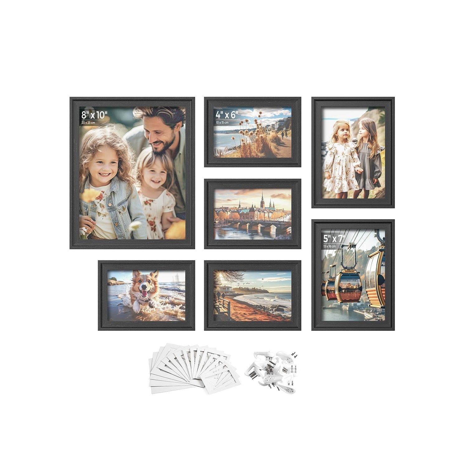 Set of 10 Picture Frames - MDF - Ash Black - Hanging or Tabletop Display with Non-Trace Nails