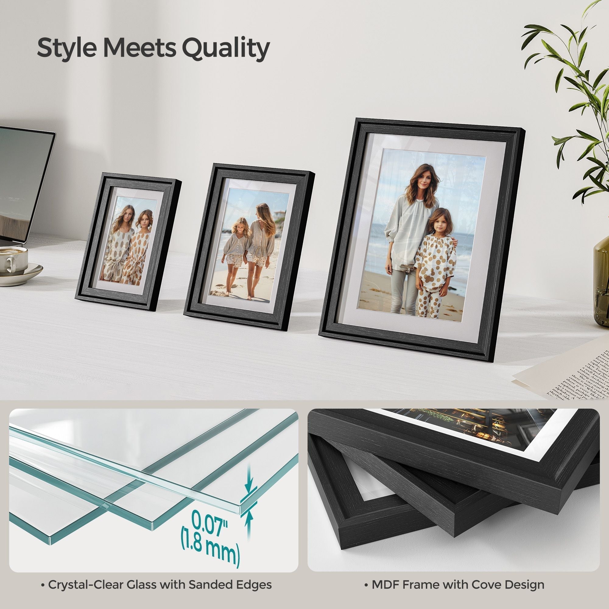 Set of 10 Picture Frames - MDF - Ash Black - Hanging or Tabletop Display with Non-Trace Nails