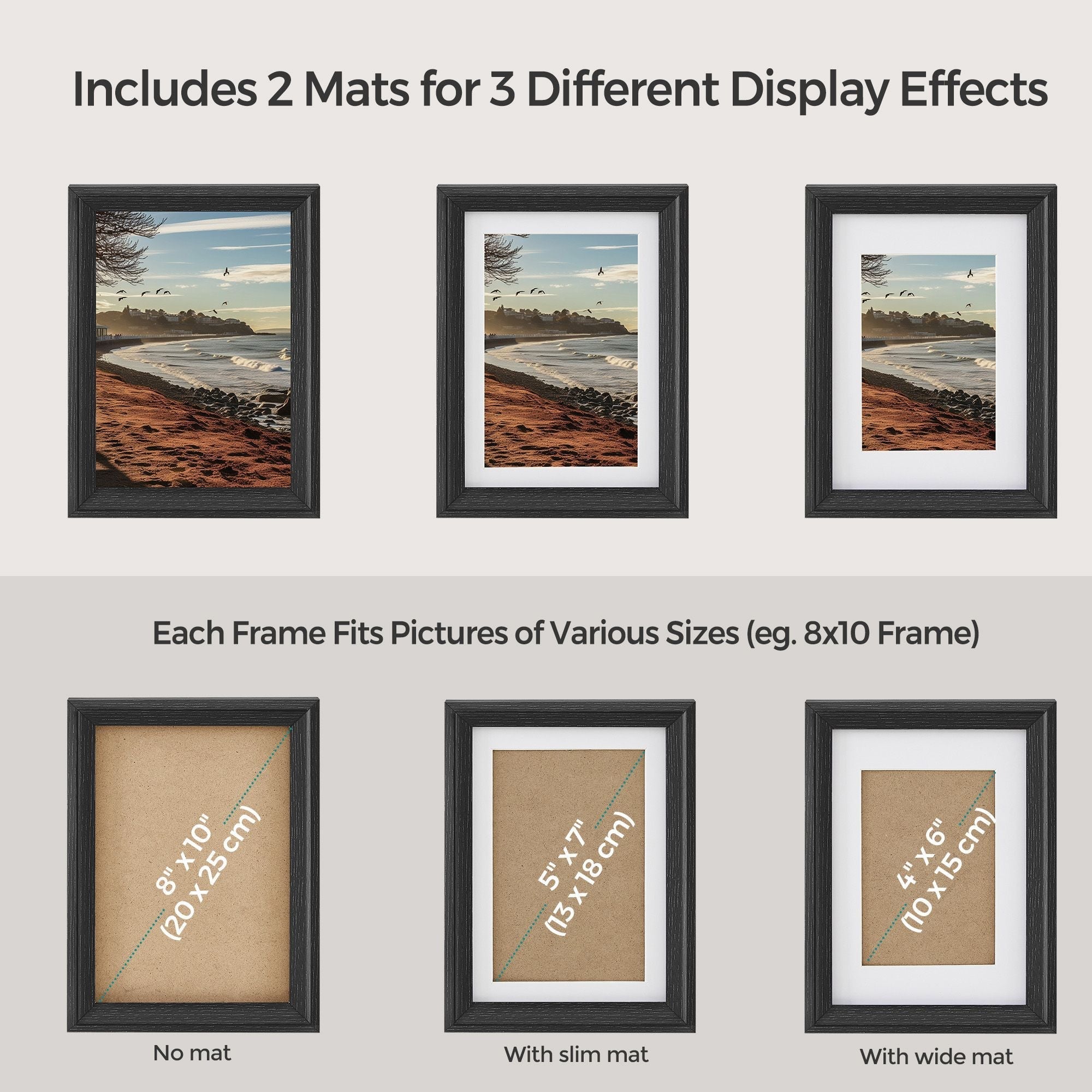 Set of 10 Picture Frames - MDF - Ash Black - Hanging or Tabletop Display with Non-Trace Nails