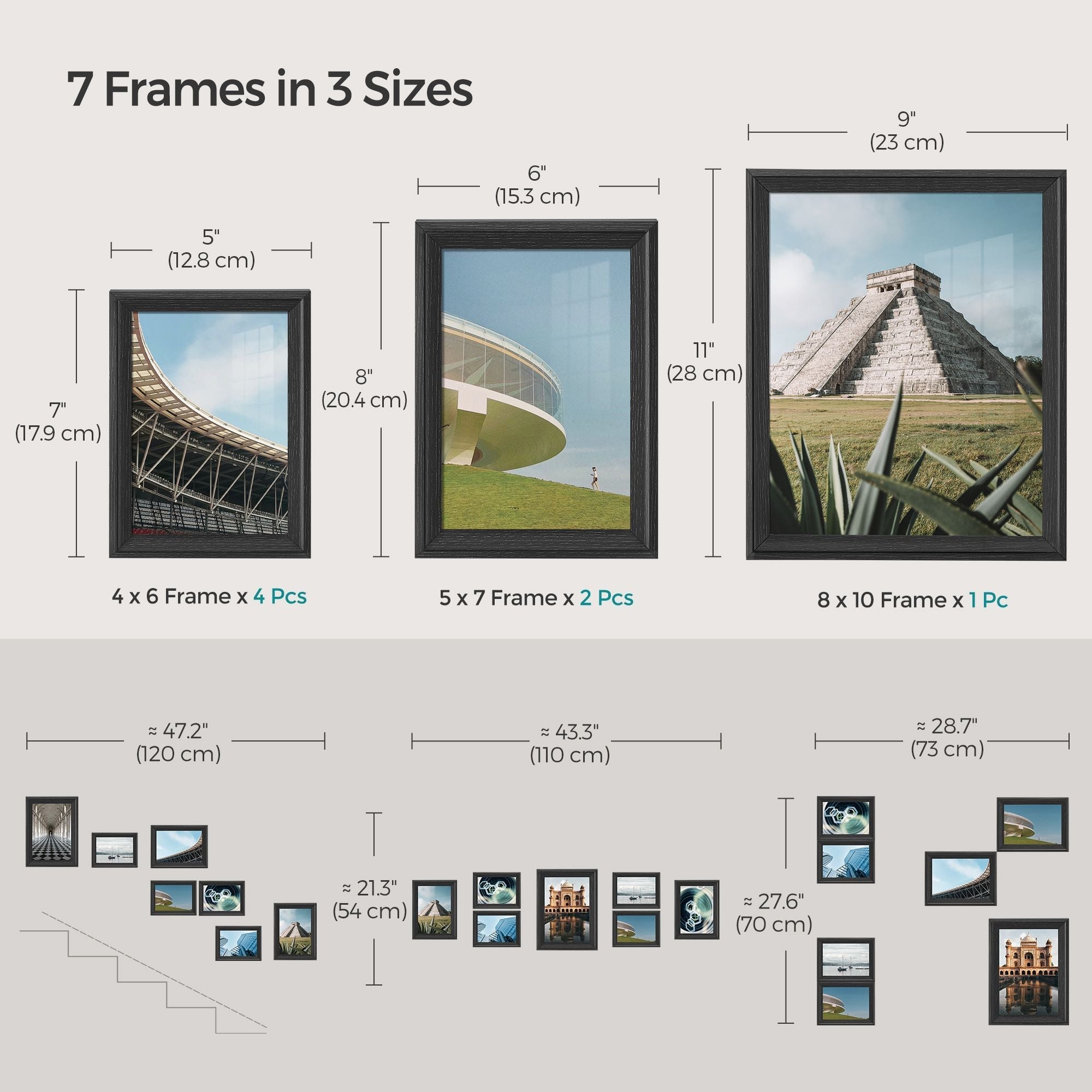Set of 10 Picture Frames - MDF - Ash Black - Hanging or Tabletop Display with Non-Trace Nails