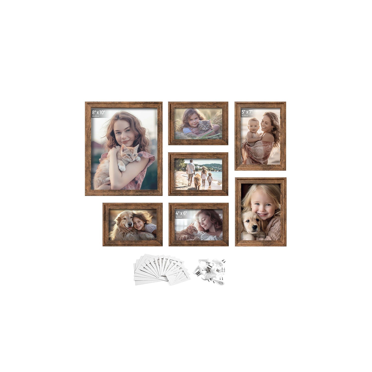 Picture Frame Set - MDF - Rustic Brown - Includes 10 Frames with Mats for Versatile Display
