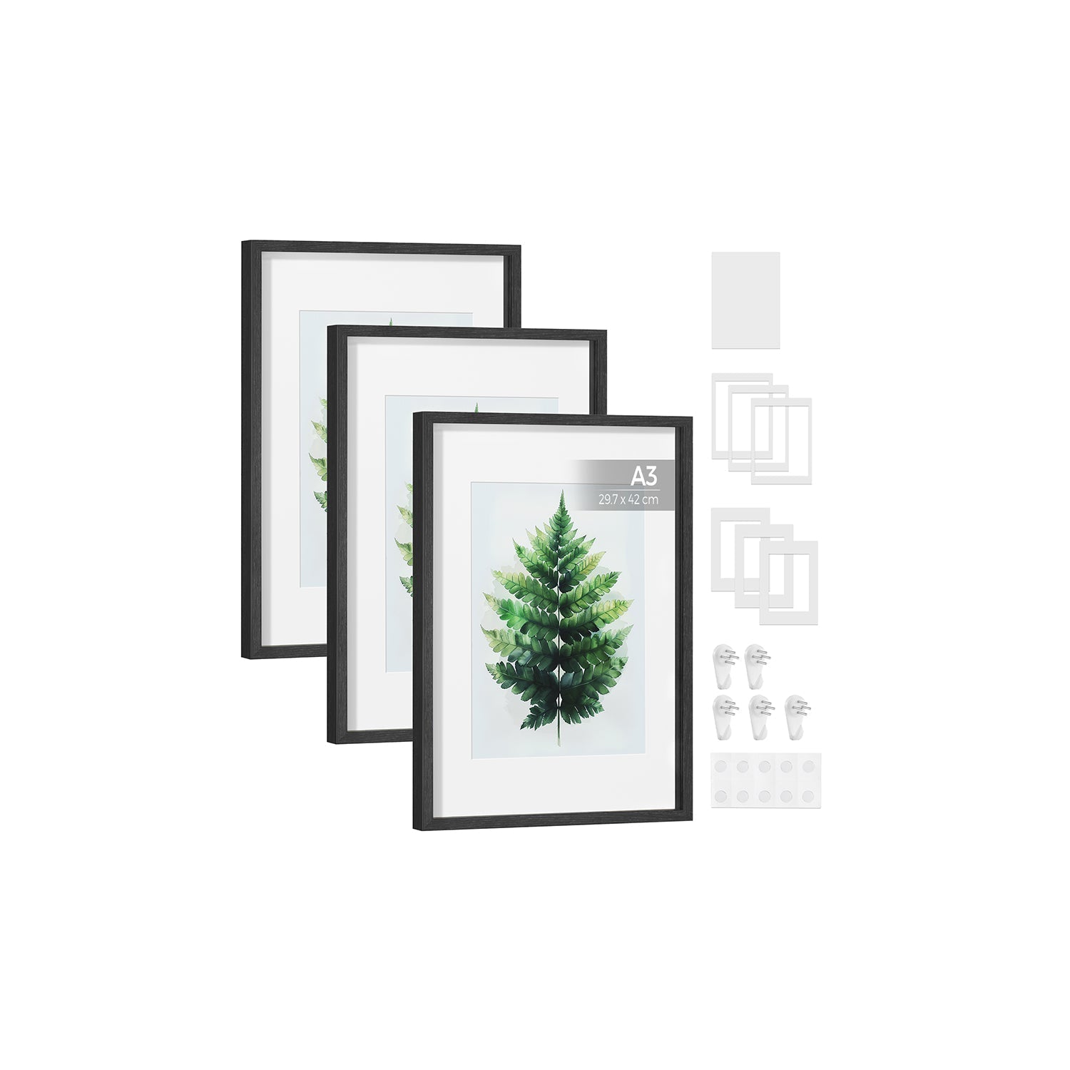 Set of 3 Gallery Photo Frames - MDF - Ash Black - Includes Mats for A3