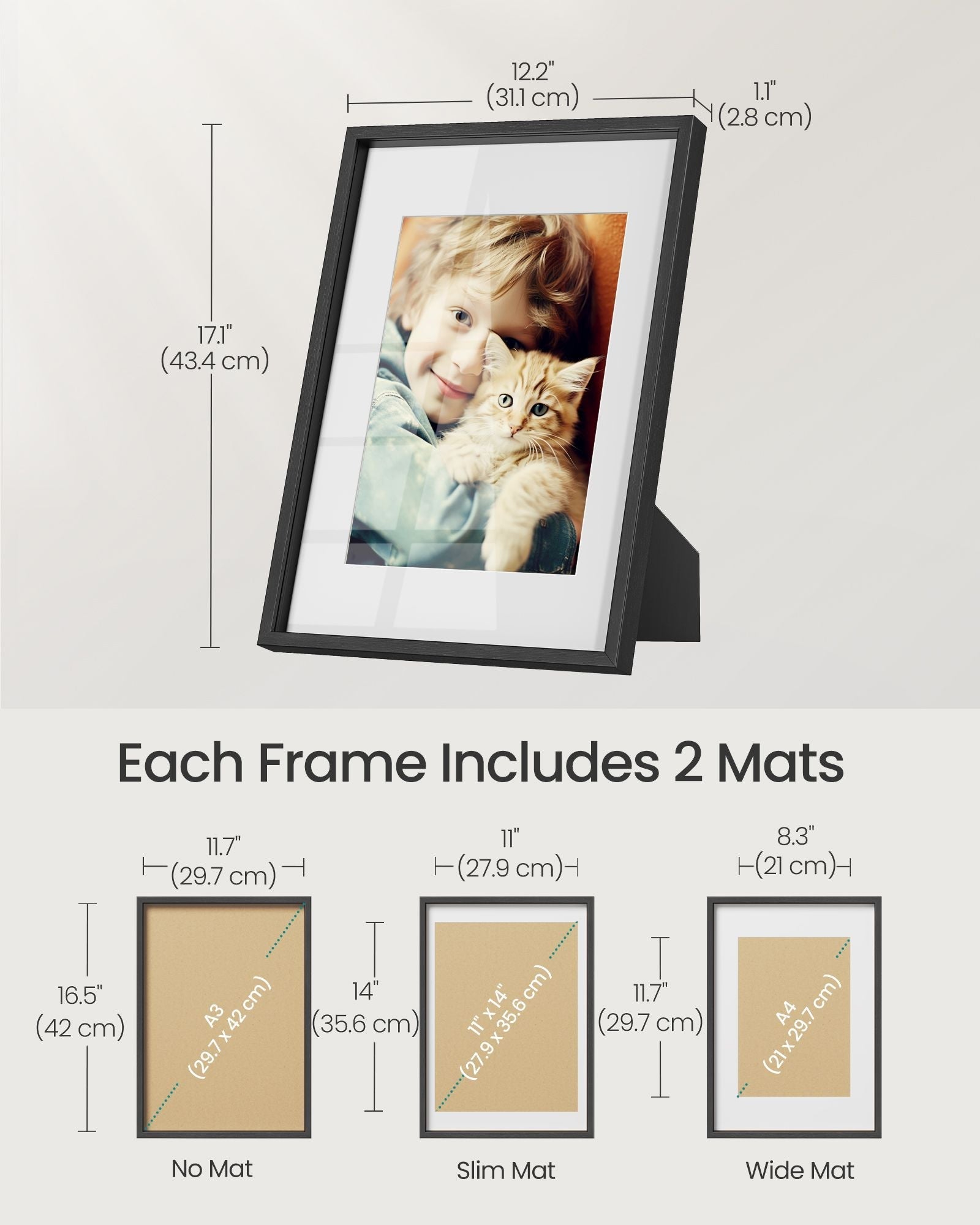 Set of 3 Gallery Photo Frames - MDF - Ash Black - Includes Mats for A3