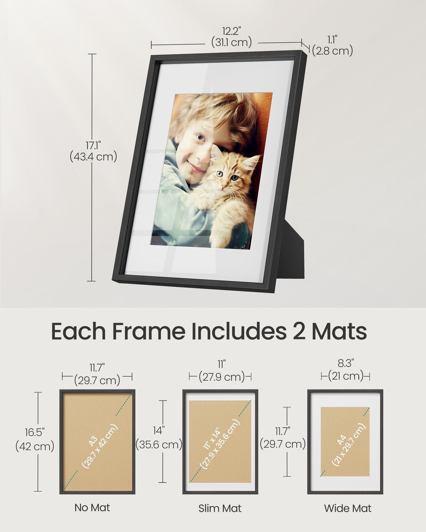 Set of 3 Gallery Photo Frames - MDF - Ash Black - Includes Mats for A3