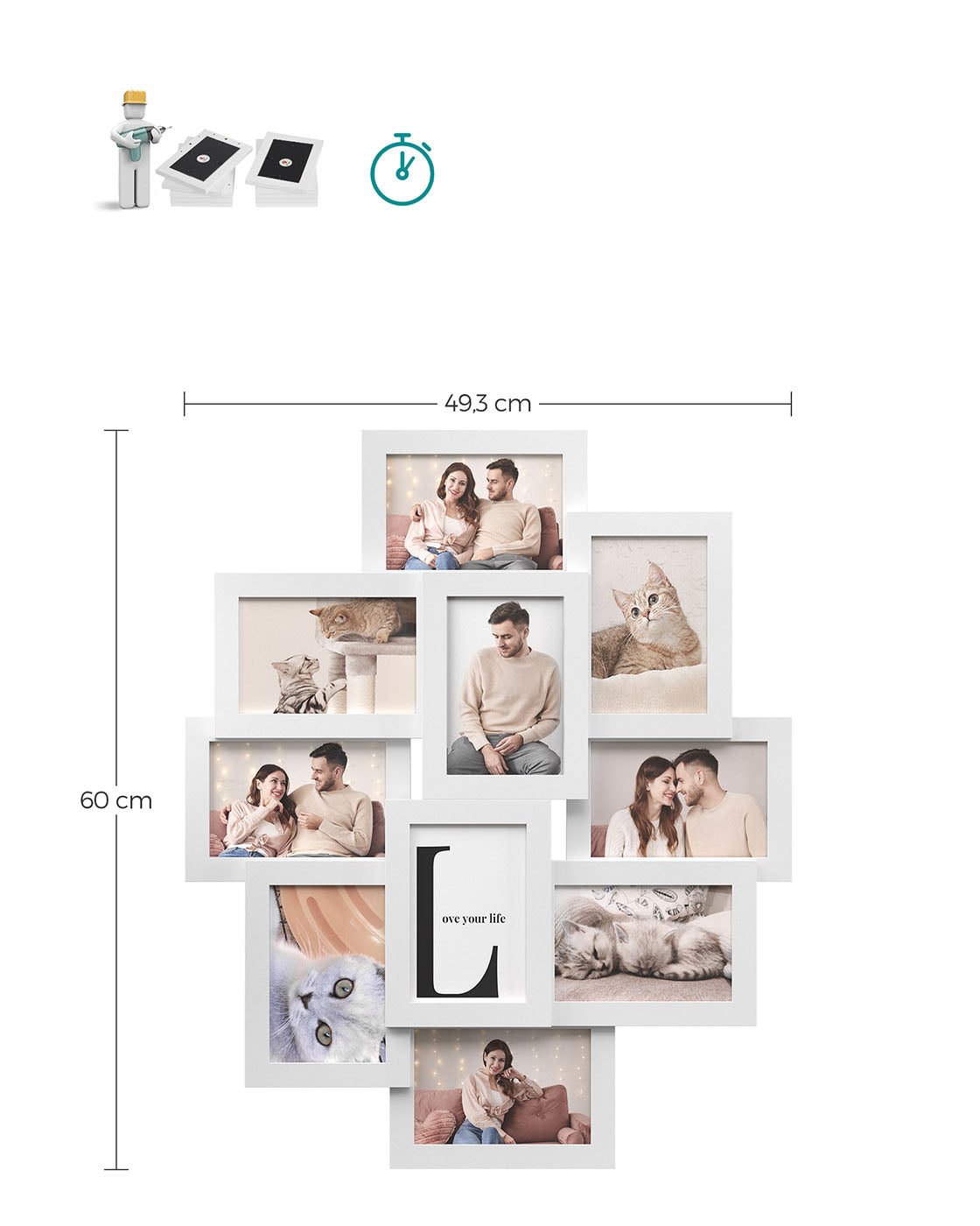 Photo Frame Collage - MDF - White - Wall-Mounted for 10 Photos (4" x 6")