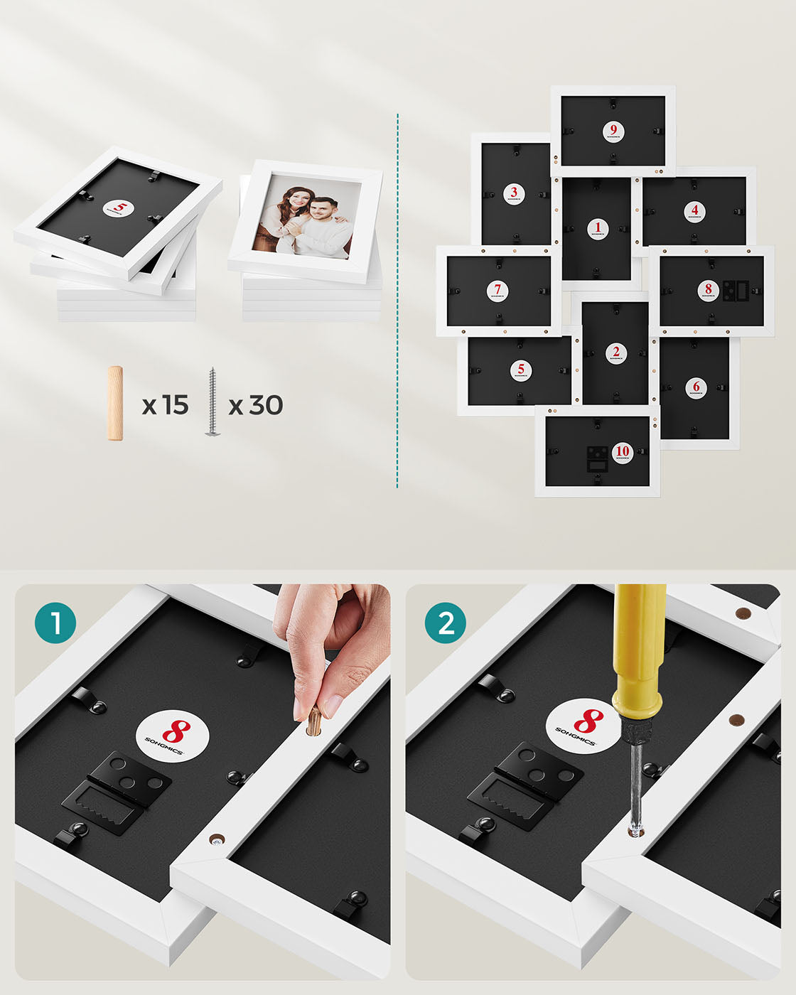 Photo Frame Collage - MDF - White - Wall-Mounted for 10 Photos (4" x 6")