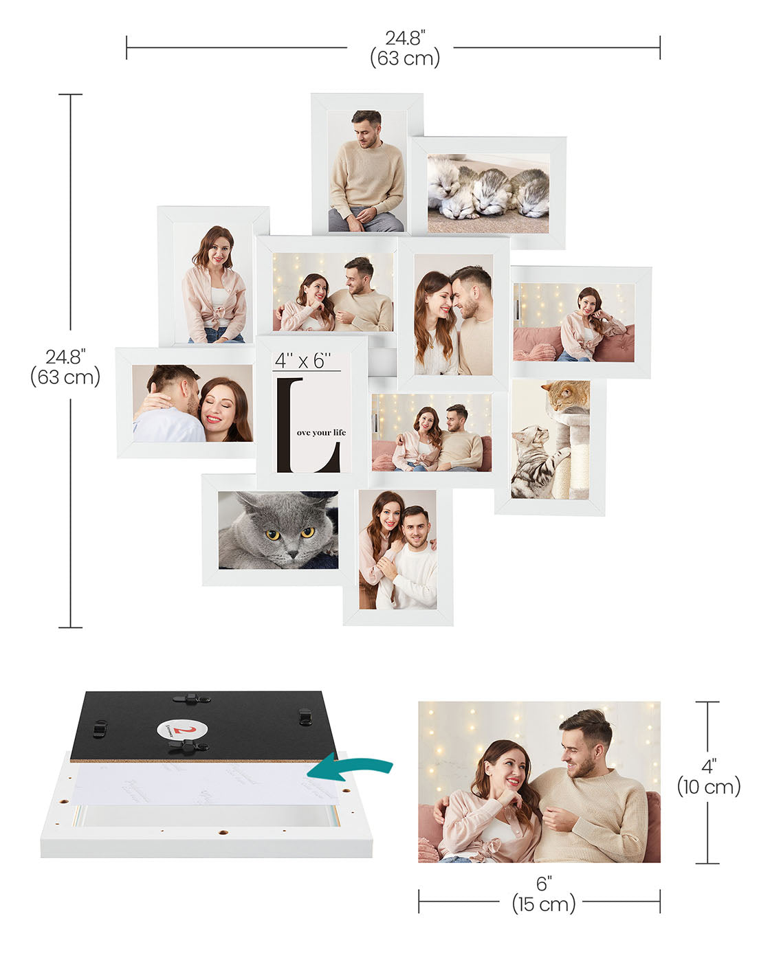 Picture Collage Frame - 12 Photos - White Wood Grain - Wall Mounted