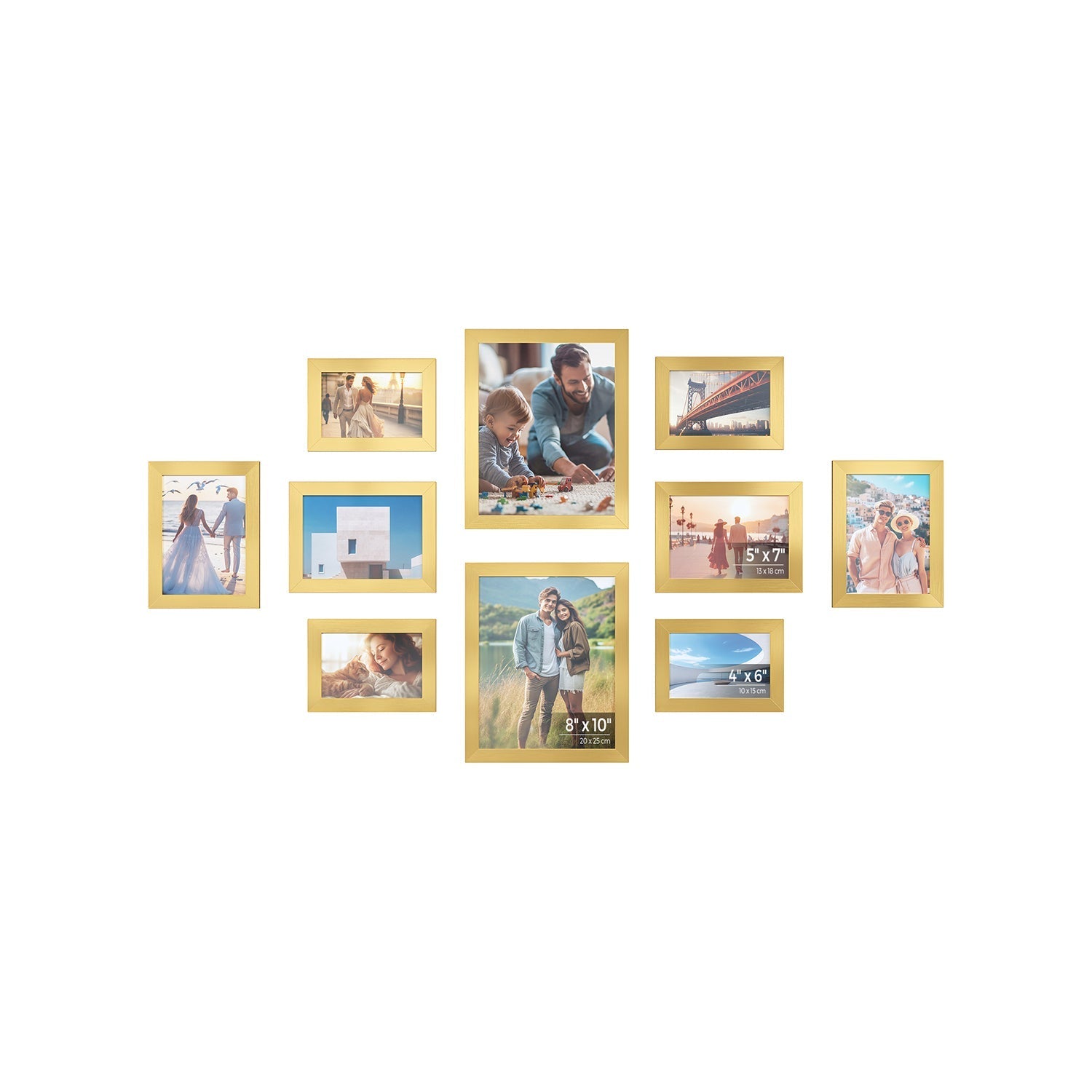 Set of 10 Picture Frames - Pale Gold - Assorted Sizes