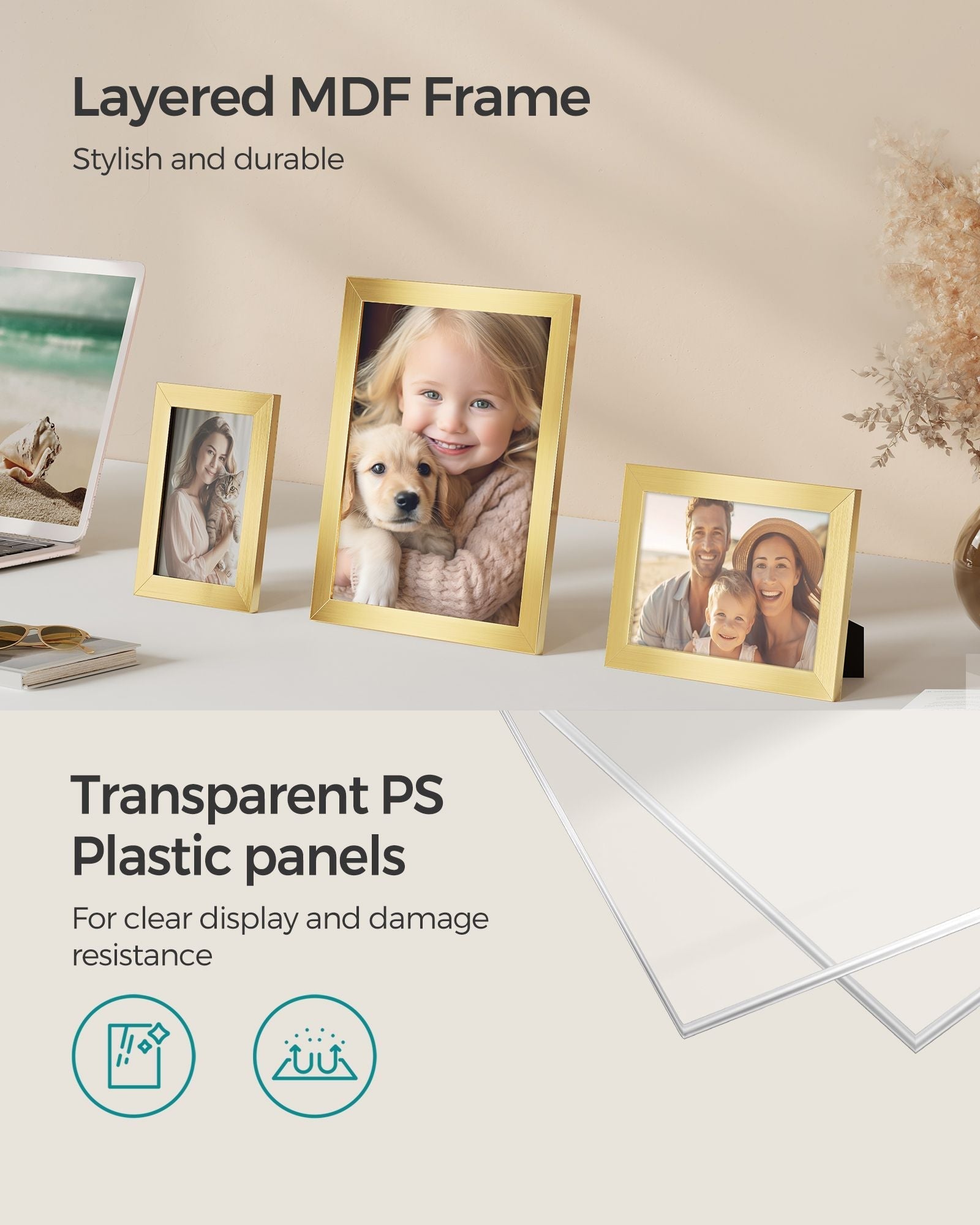 Set of 10 Picture Frames - Pale Gold - Assorted Sizes