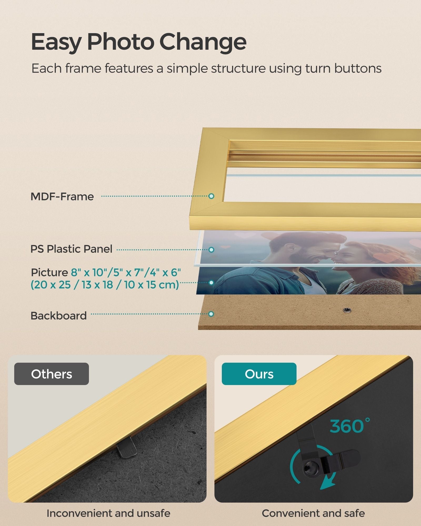Set of 10 Picture Frames - Pale Gold - Assorted Sizes