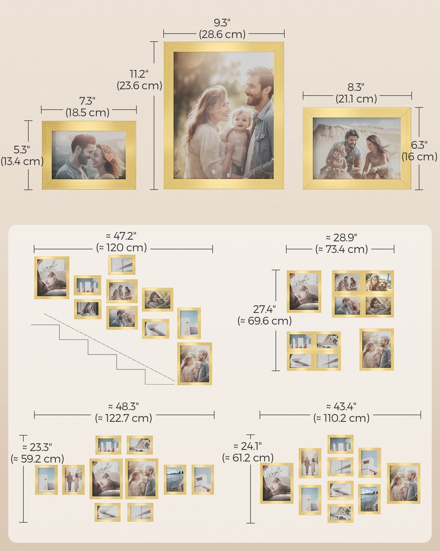 Set of 10 Picture Frames - Pale Gold - Assorted Sizes