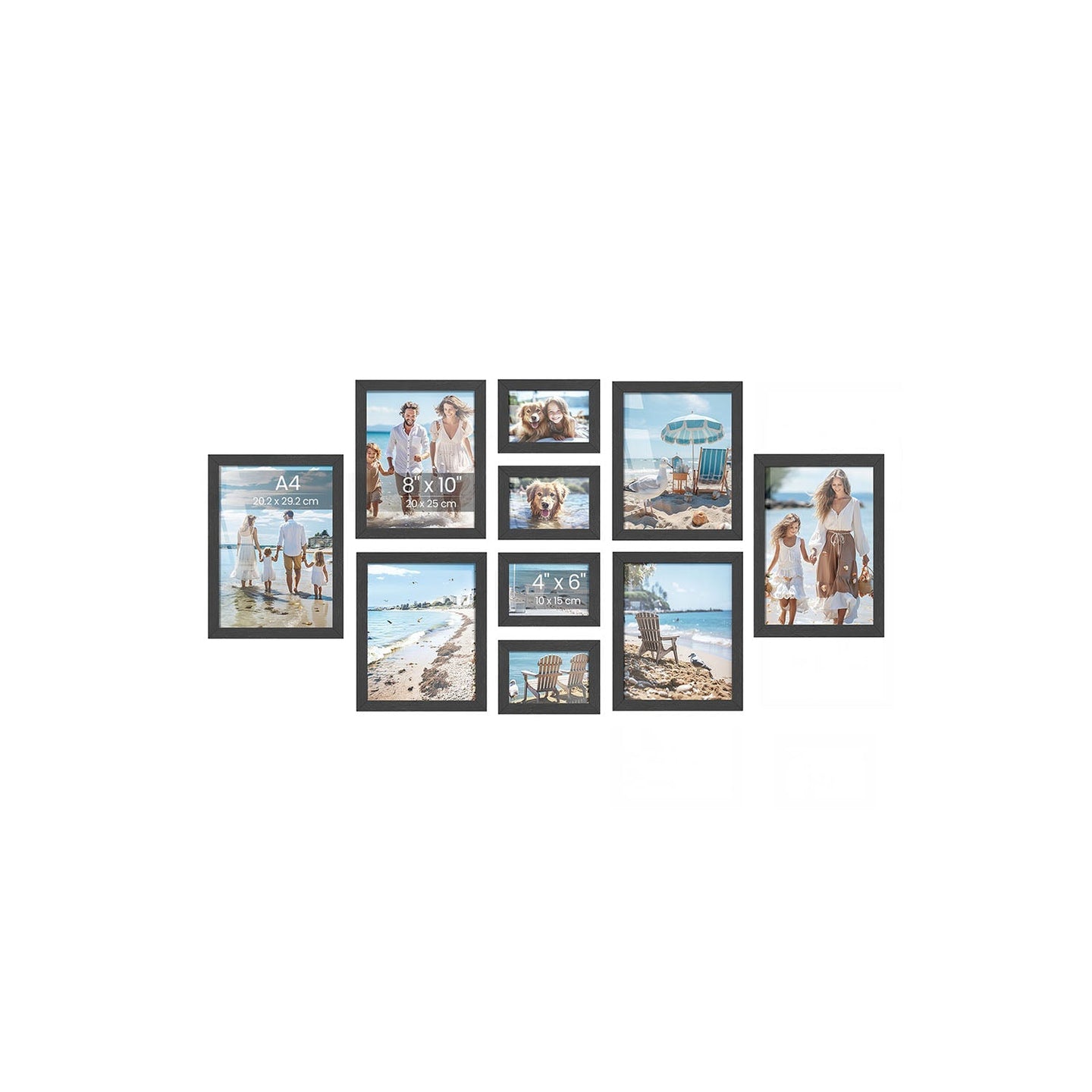 Set of 10 Picture Frames - Plastic Front - Ink Black - Assorted Sizes