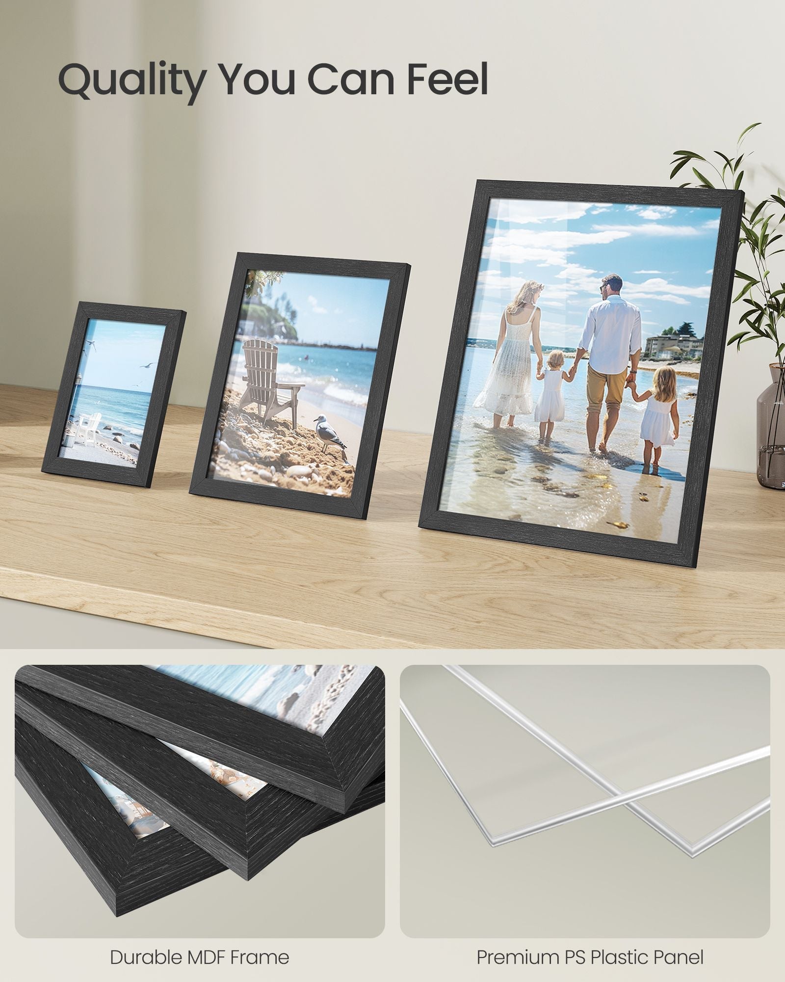 Set of 10 Picture Frames - Plastic Front - Ink Black - Assorted Sizes