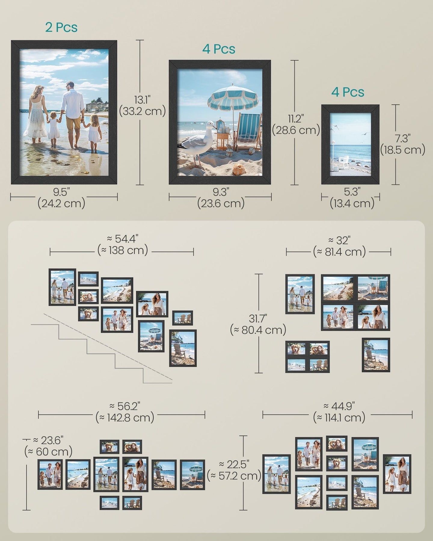 Set of 10 Picture Frames - Plastic Front - Ink Black - Assorted Sizes