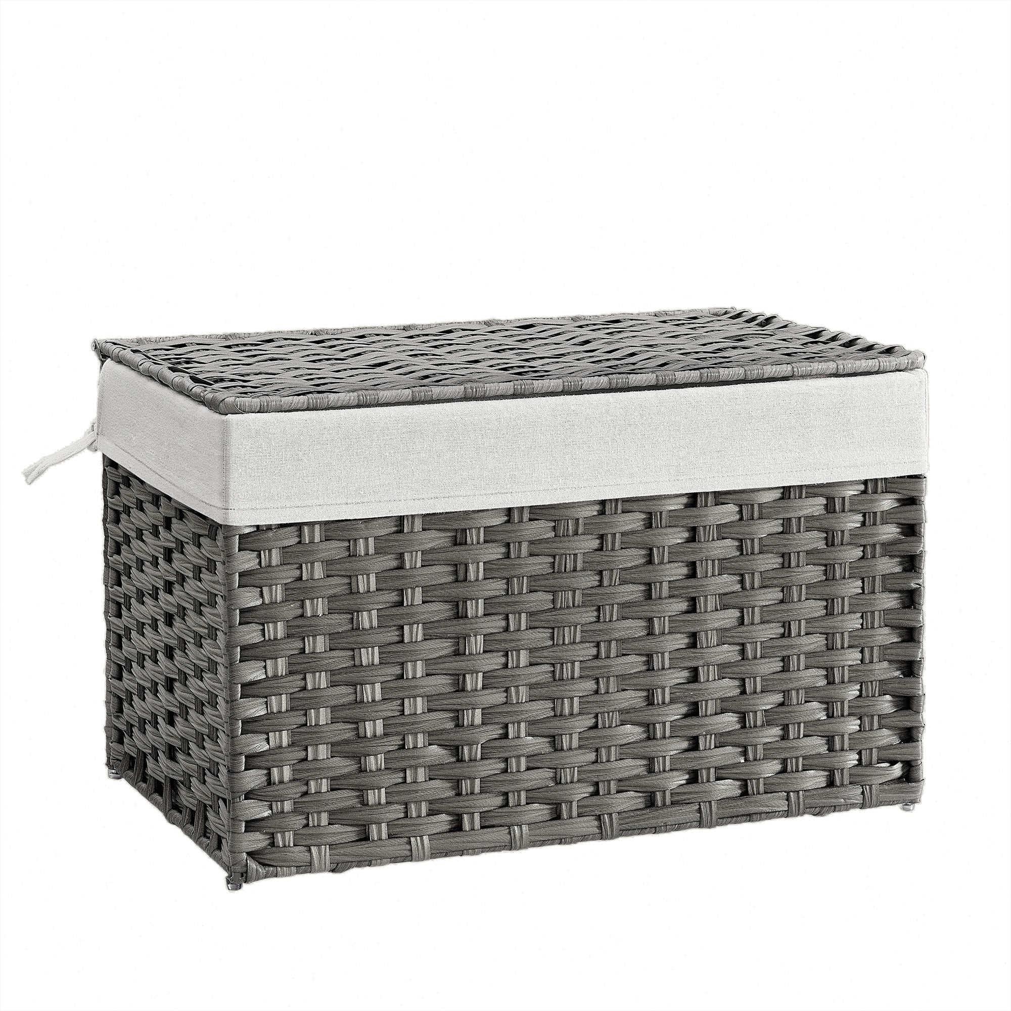 Laundry Basket - Synthetic Rattan - Grey - Foldable with Lid and Removable Liners