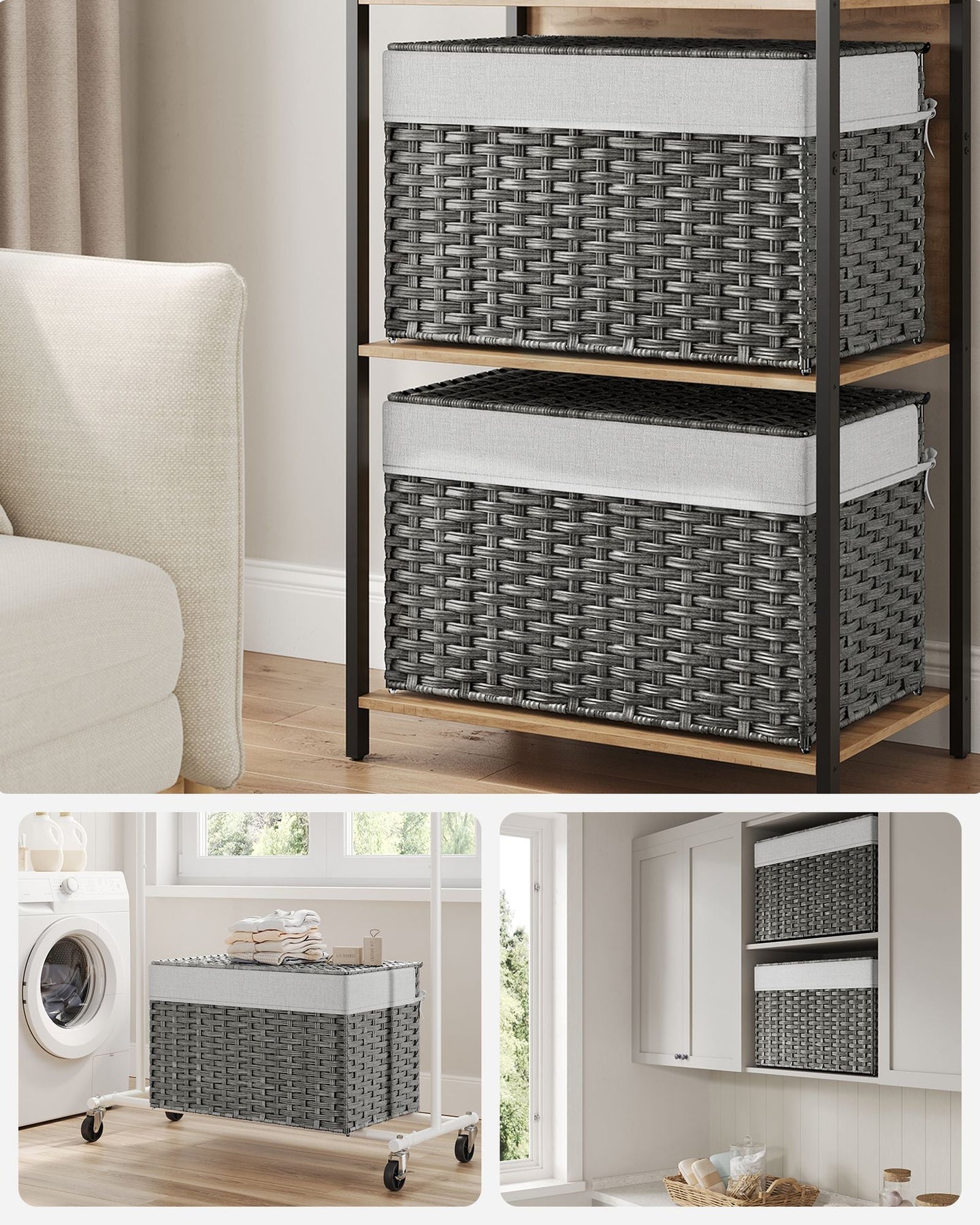 Laundry Basket - Synthetic Rattan - Grey - Foldable with Lid and Removable Liners