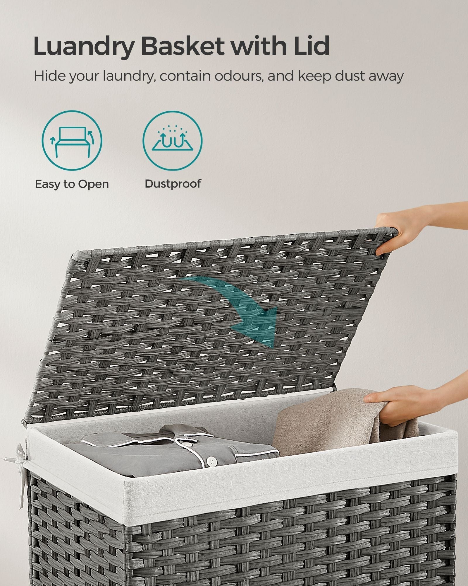 Laundry Basket - Synthetic Rattan - Grey - Foldable with Lid and Removable Liners