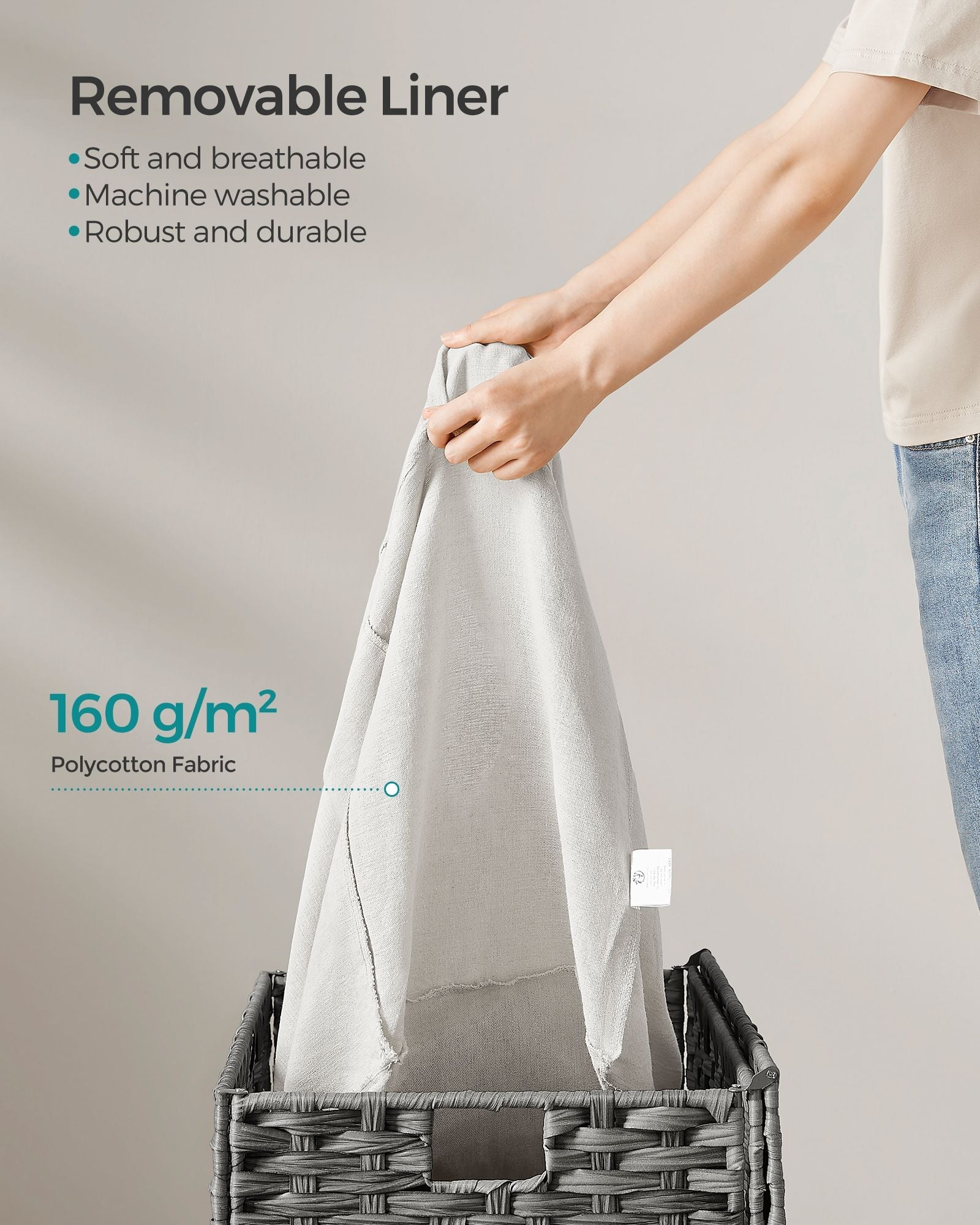 Laundry Basket - Synthetic Rattan - Grey - Foldable with Lid and Removable Liners