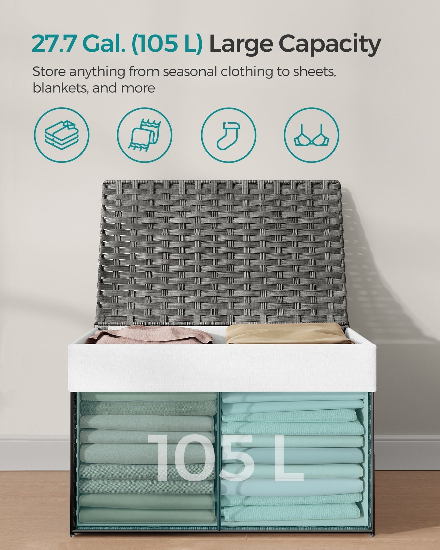 Laundry Basket - Synthetic Rattan - Grey - Foldable with Lid and Removable Liners