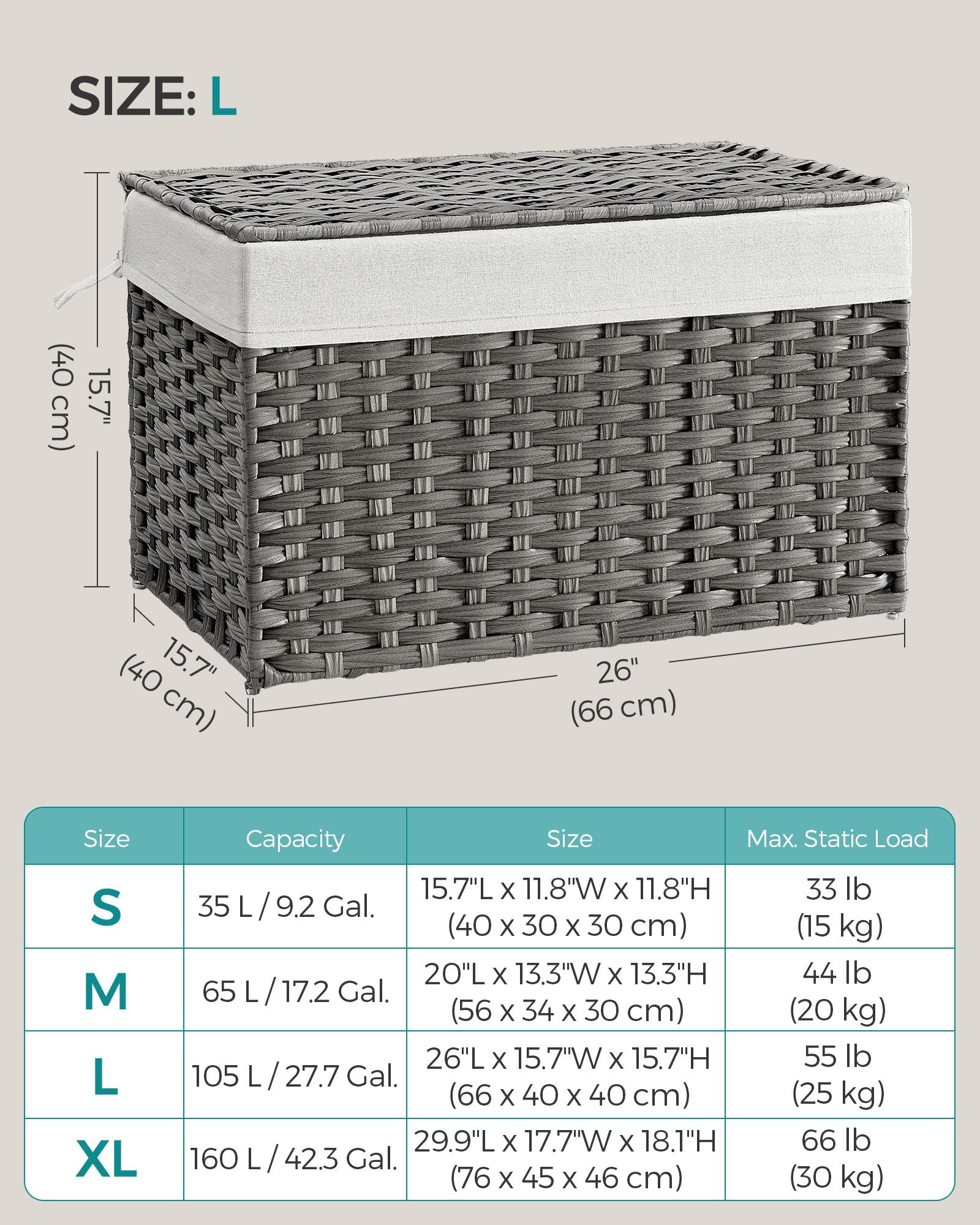 Laundry Basket - Synthetic Rattan - Grey - Foldable with Lid and Removable Liners