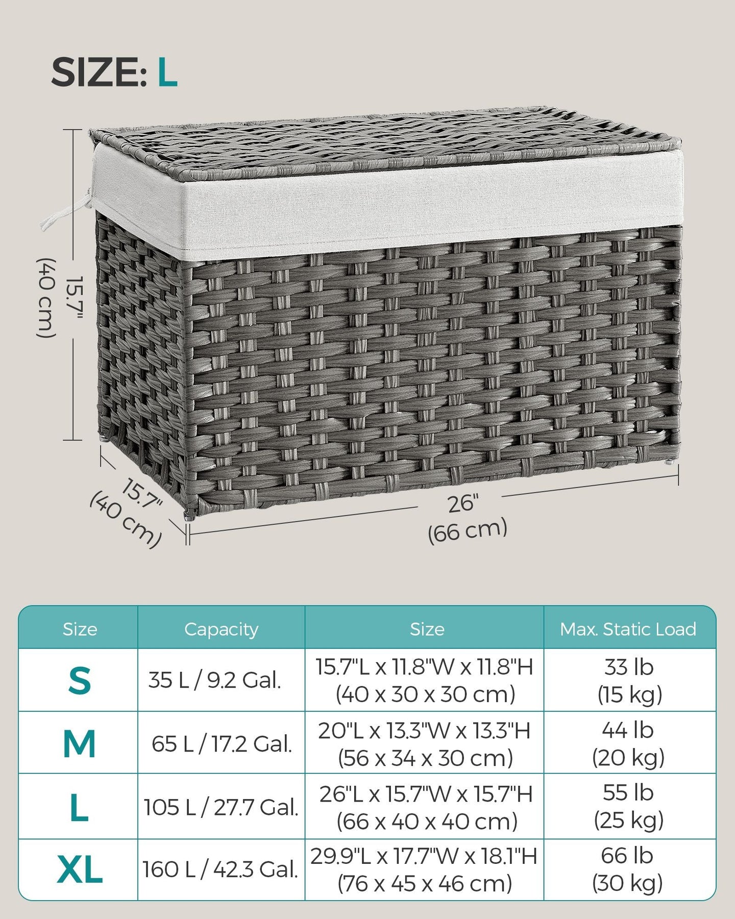 Laundry Basket - Synthetic Rattan - Grey - Foldable with Lid and Removable Liners