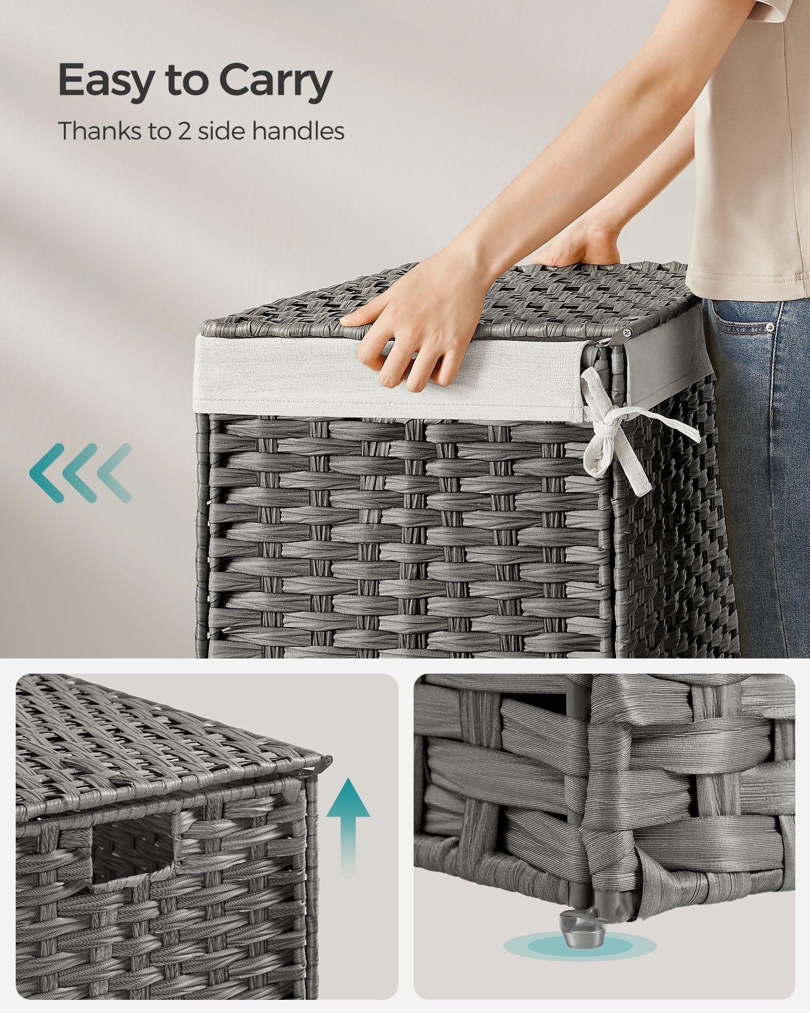 Laundry Basket - Synthetic Rattan - Grey - Foldable with Lid and Removable Liners