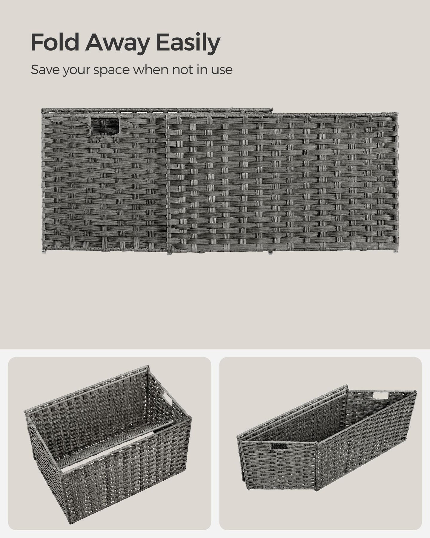 Laundry Basket - Synthetic Rattan - Grey - Foldable with Lid and Removable Liners