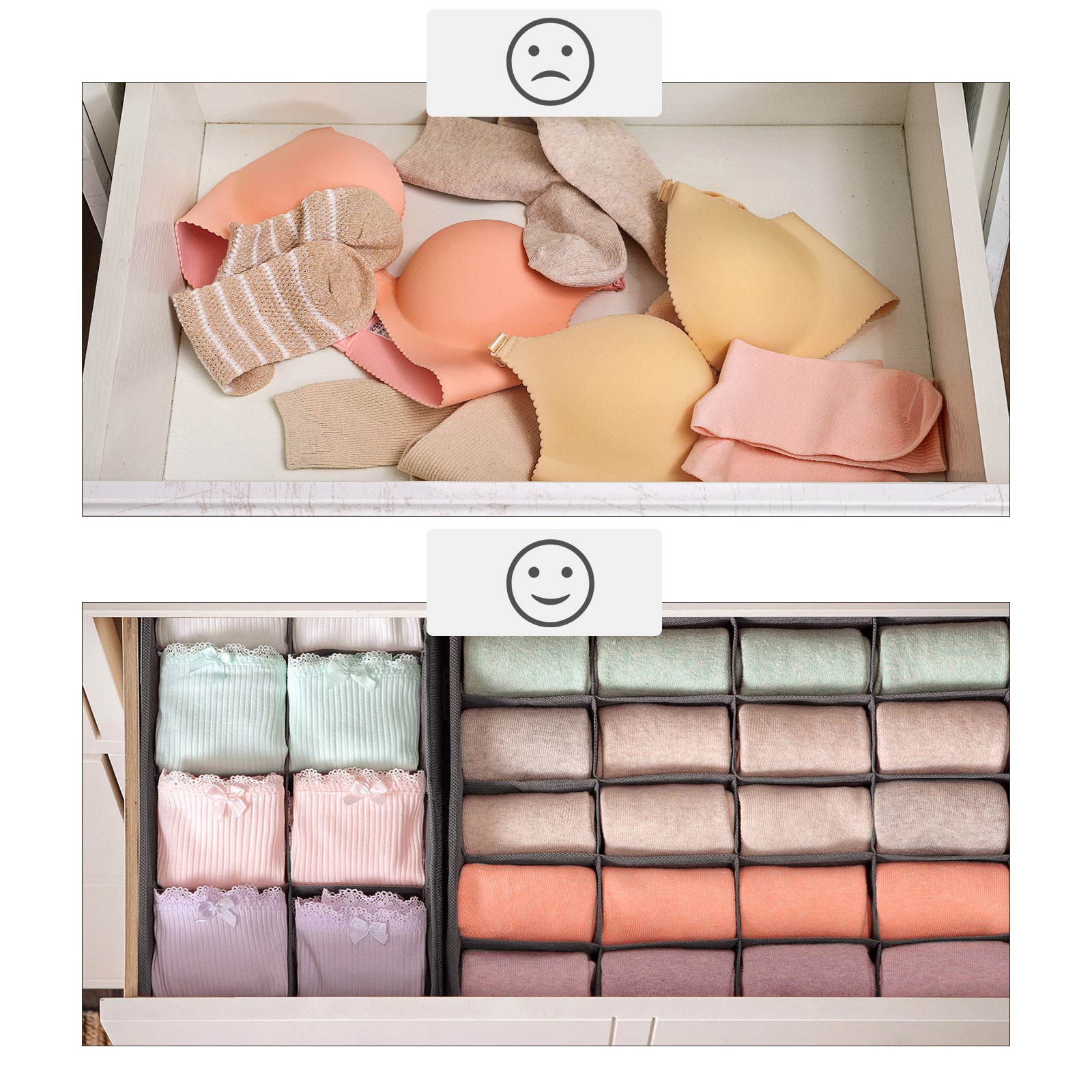 Set of 4 Foldable Drawer Organizers - Non-Woven Fabric - Grey - Space Saving Design for Underwear