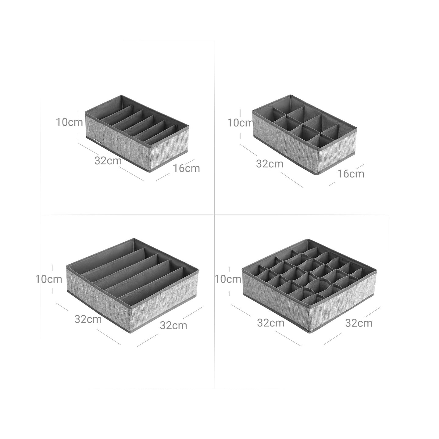 Set of 4 Foldable Drawer Organizers - Non-Woven Fabric - Grey - Space Saving Design for Underwear