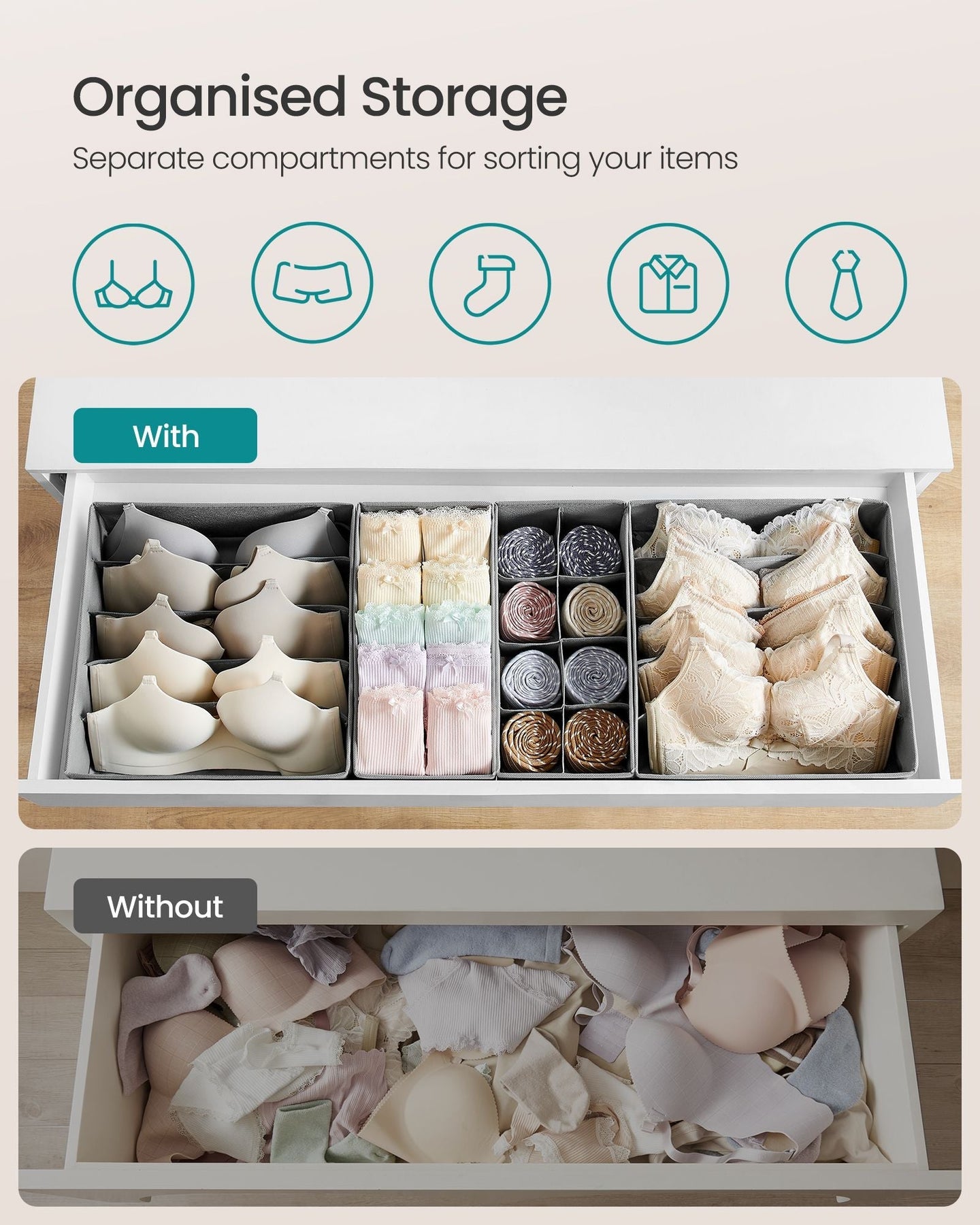 Foldable Underwear Organizer - Fabric - Dove Grey - Set of 8 with Drawer Dividers