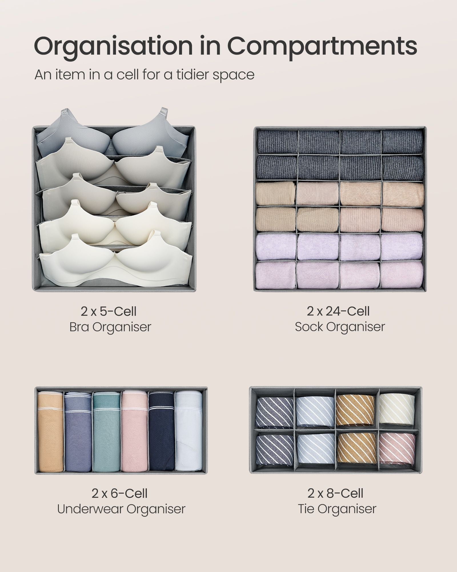Foldable Underwear Organizer - Fabric - Dove Grey - Set of 8 with Drawer Dividers