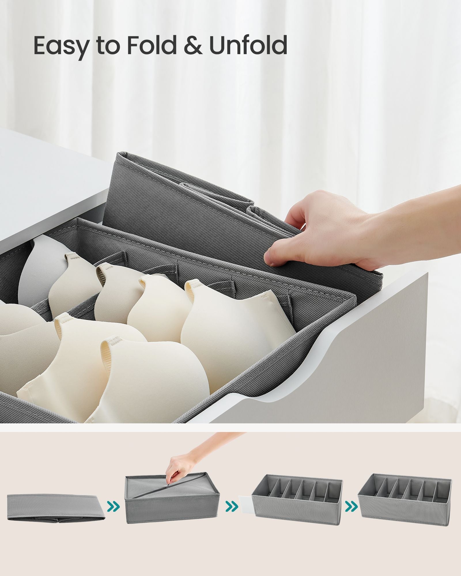 Foldable Underwear Organizer - Fabric - Dove Grey - Set of 8 with Drawer Dividers